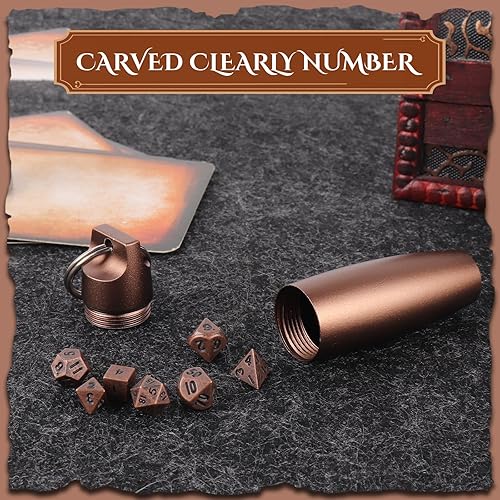 Miniatura 3 de Mini juego de dados DND dorados, juego de dados pequeños de metal DND con llavero DND, juego de dados mini DND portátil duradero, funda de soporte