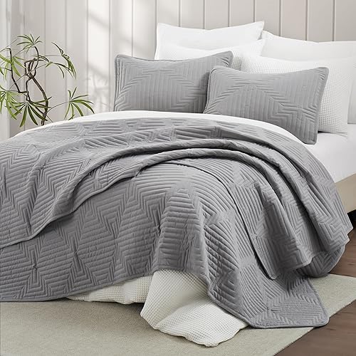 Miniatura 2 de Oli Anderson Juego de edredón tamaño Queen, color gris, ligera, suave, ropa de cama con patrón de canasta, 3 piezas modernas con costuras