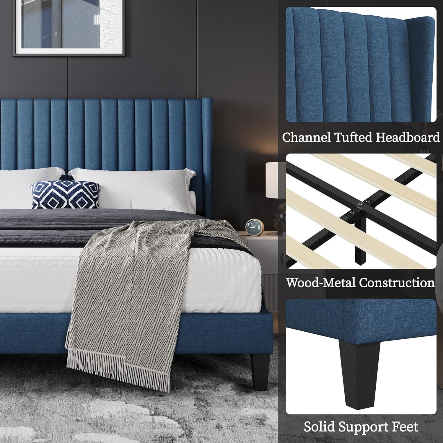 Topeakmart Queen Size Upholstered Platform Bed Frame with Mattress Foundation/Tufted Headboard and Wood Slat Support, No Box Spring Needed, Non-Slip Without Noise, Easy Assembly, Navy Blue