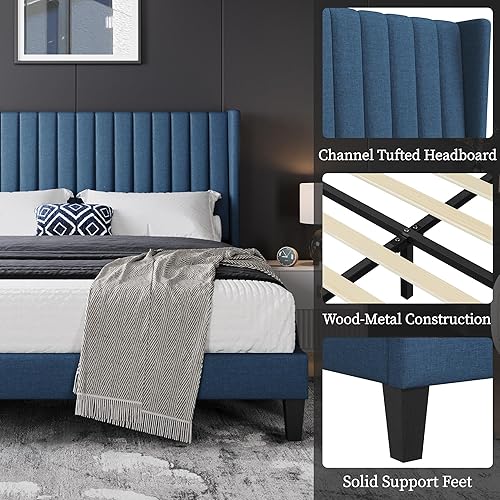 Miniatura 6 de Topeakmart Base de cama tapizada tamaño Queen con base de colchón/cabecera copetuda y soporte de listones de madera, no necesita somier,