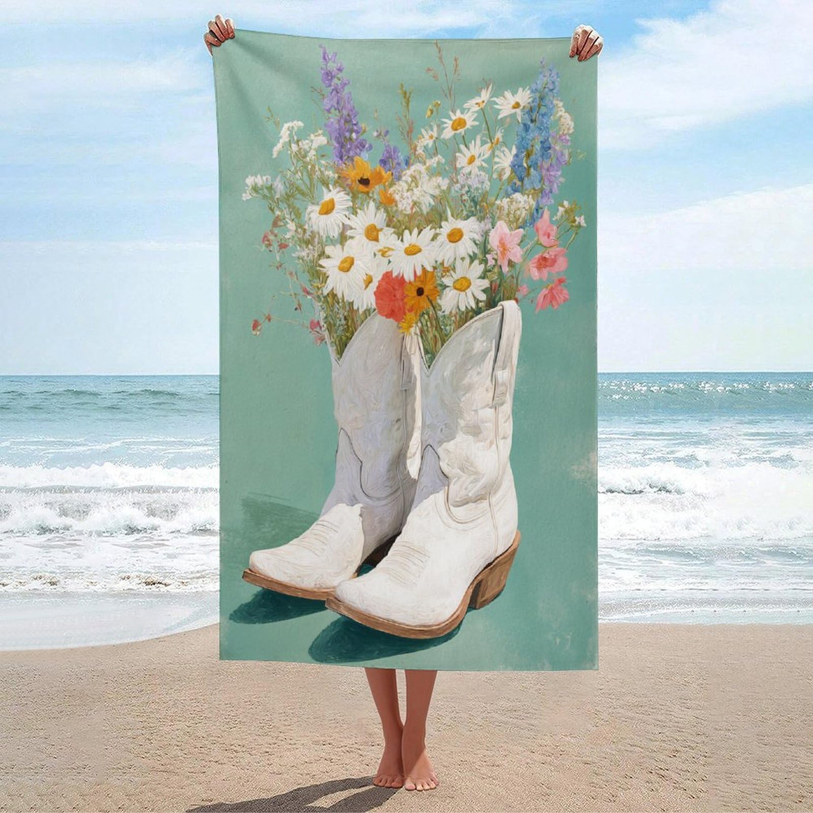LSRCPD White Cowboy Boots with Wildflowers Beach Towel Sand Free Microfiber Large Shower Towels Multipurpose Absorbent for Bathroom Pool 130x80 CM