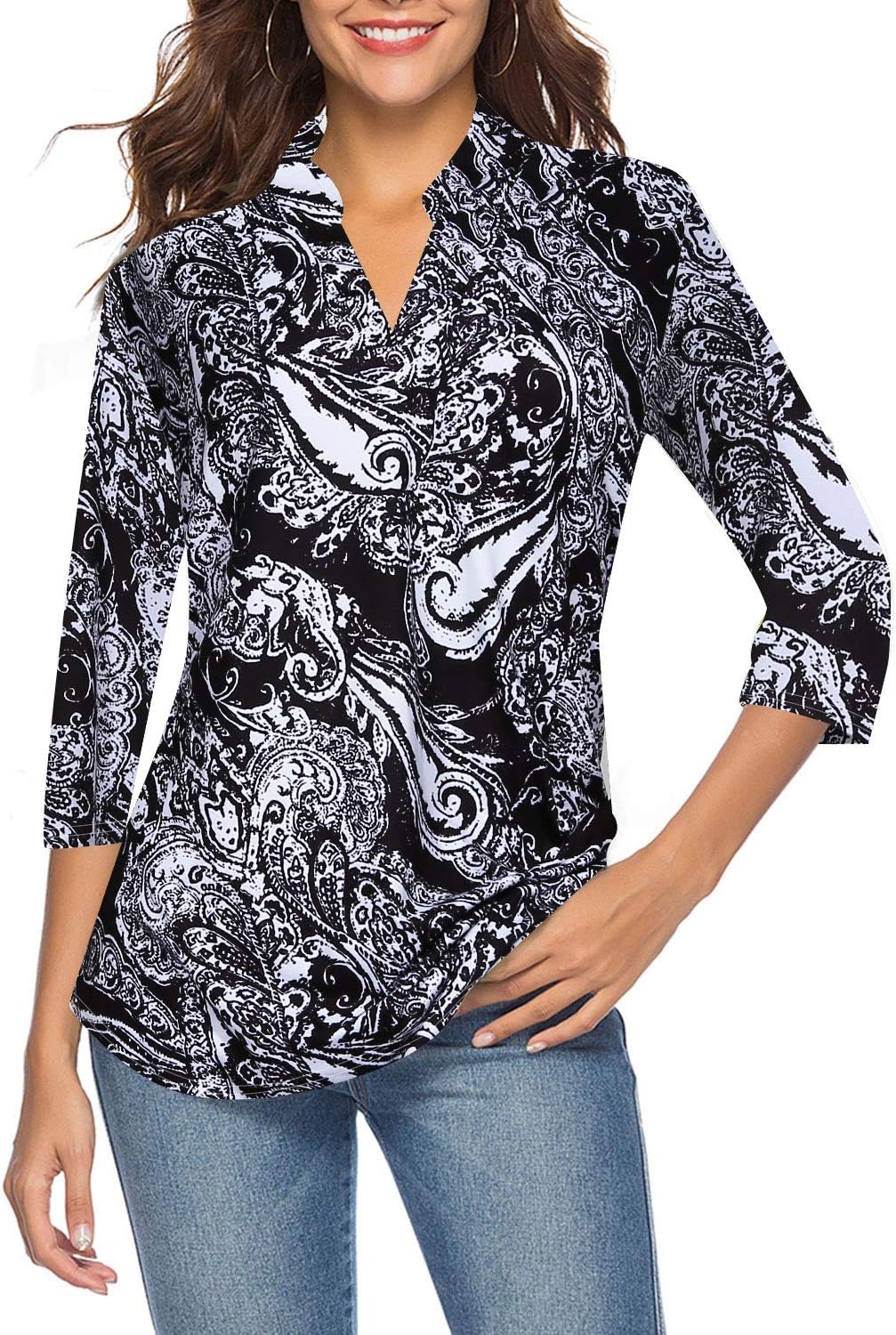 CEASIKERY Women’s 3/4 Sleeve Floral V Neck Tops Casual Tunic Blouse Loose Shirt 008