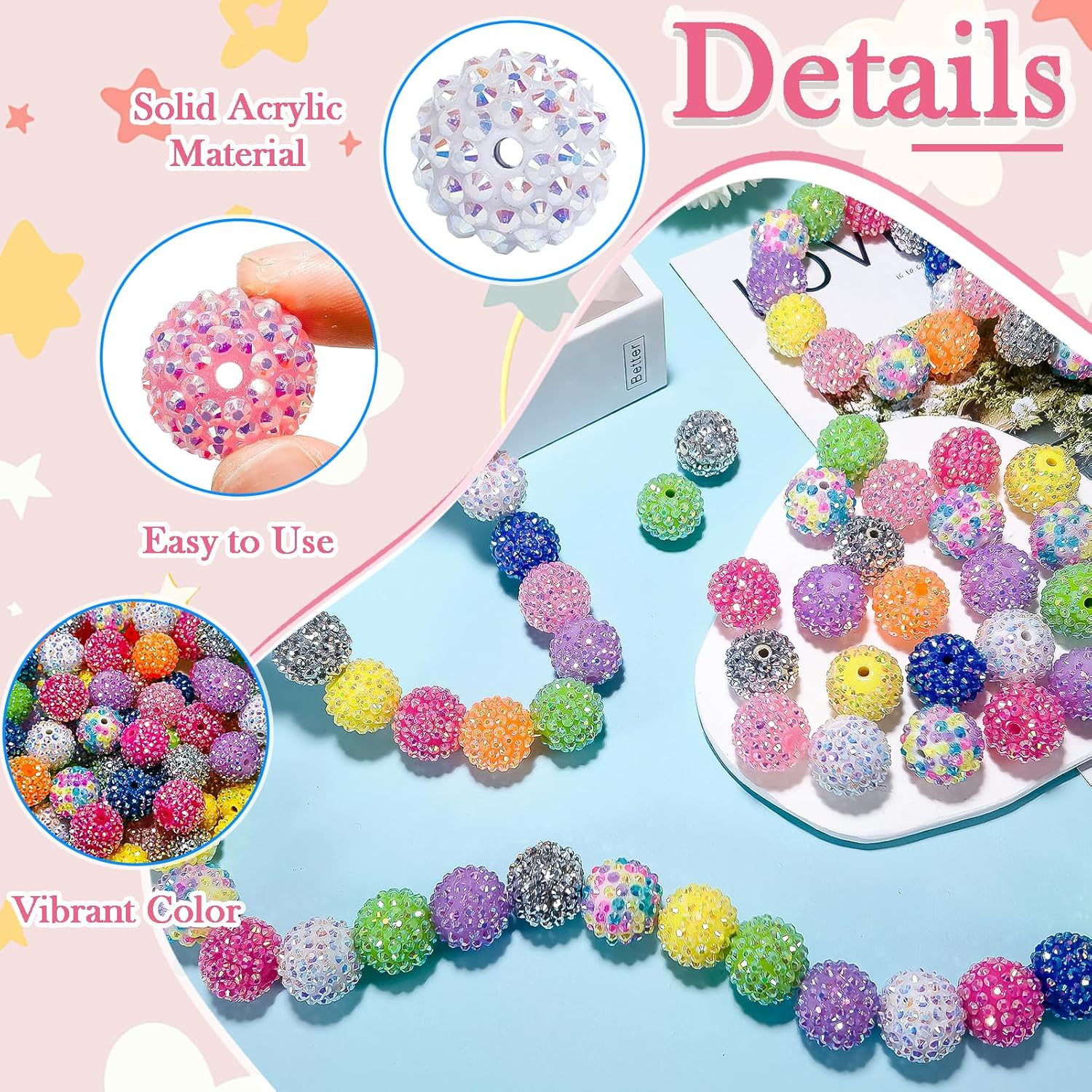 40pcs 20mm Rhinestone Beads Bubblegum Beads for Pens Round Disco Ball Beads Crystal Chunky Beads for Bracelet Necklace Keychains Jewelry Making, Hole: 2.5mm (10 Colors) - Image 4