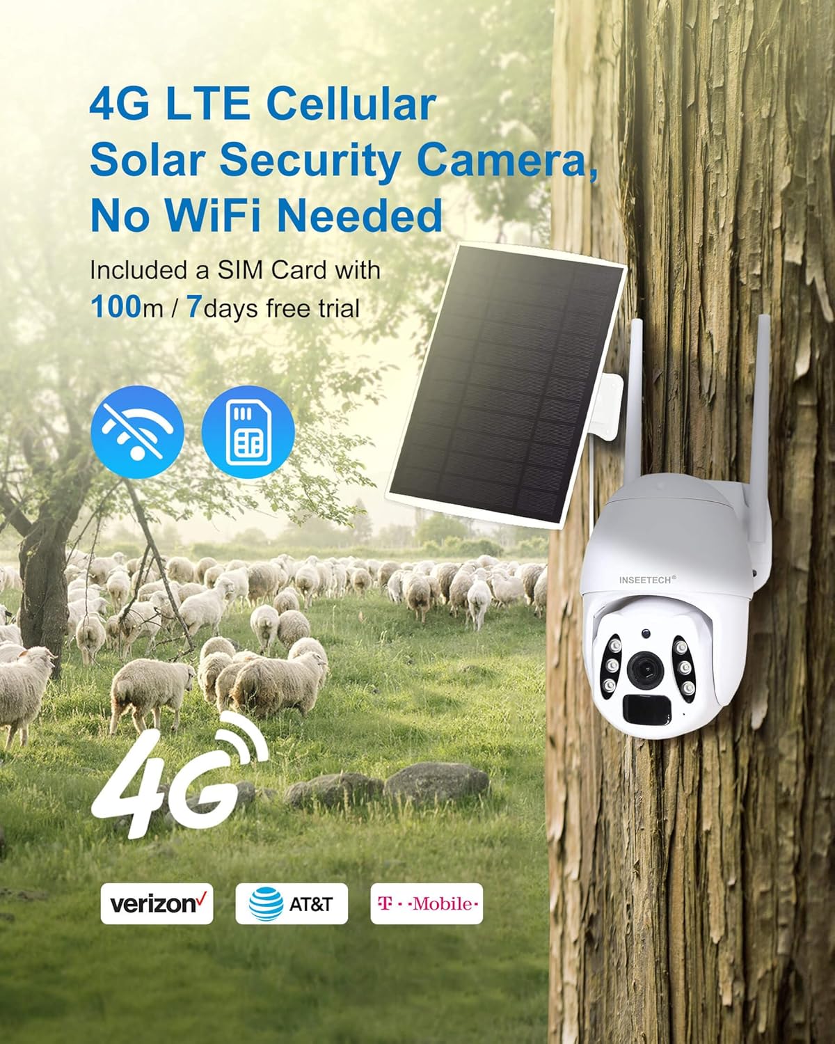 4G LTE Cellular Solar Security Camera with sheep in background, showing no WiFi needed and SIM card icon