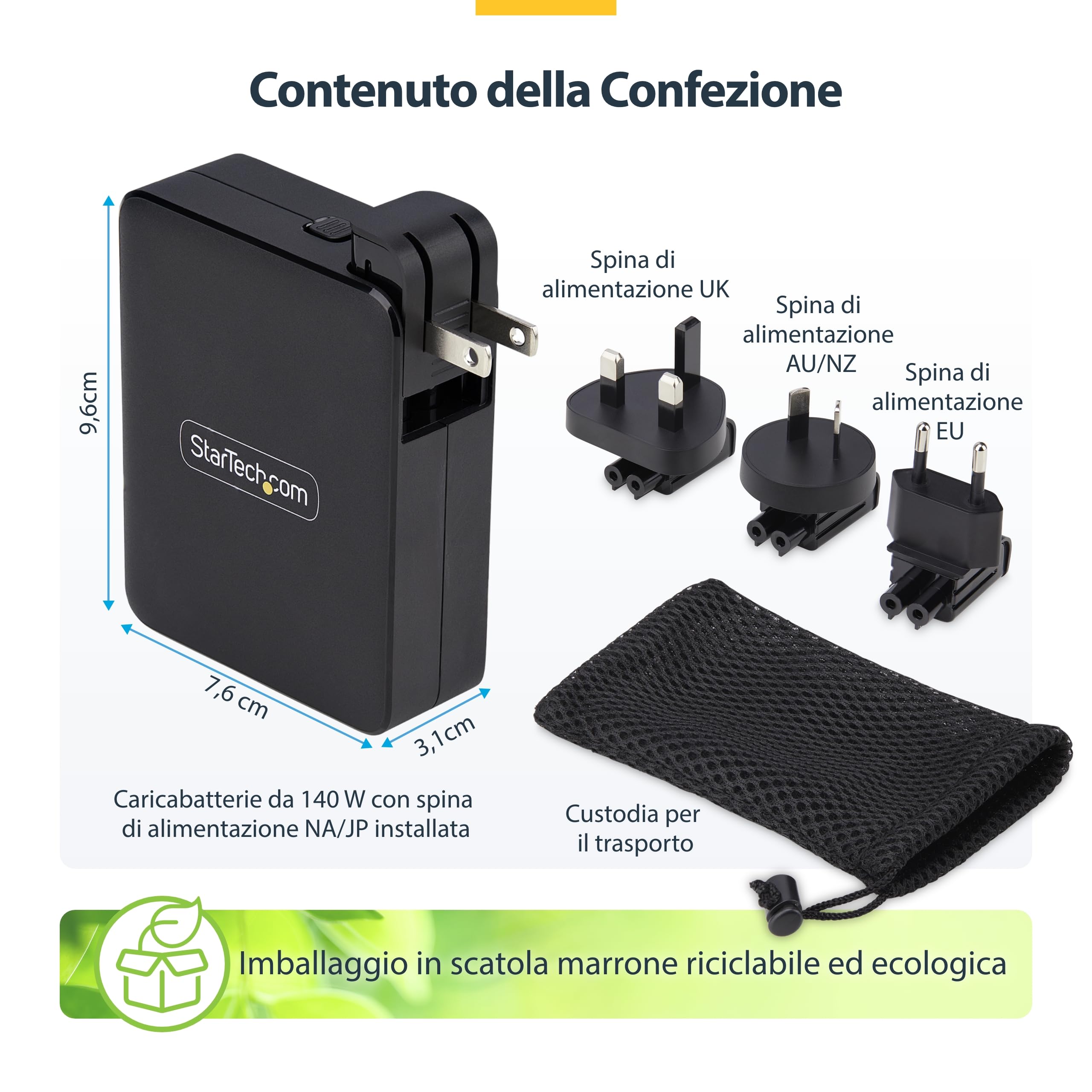 StarTech Caricatore USB-C da Parete 140W GaN, 3x USB-C e 1x USB-A, PD 3.1 | Supporta Inspiron, Alimentatore da Viaggio Compatto