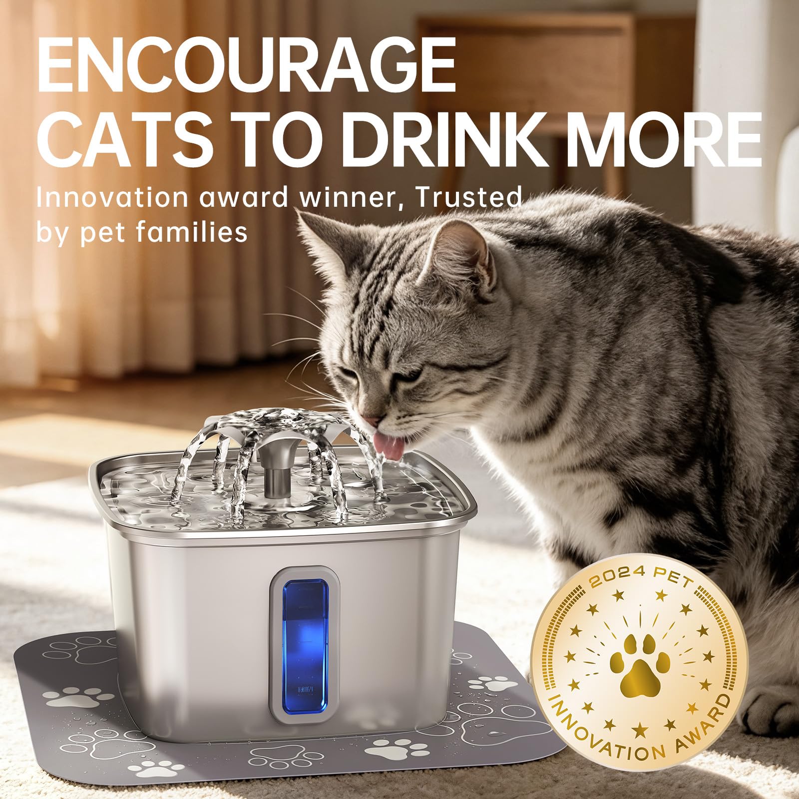 Veken Innovation Award Winner Stainless Steel Cat Water Fountain, 108oz, C1 view 7
