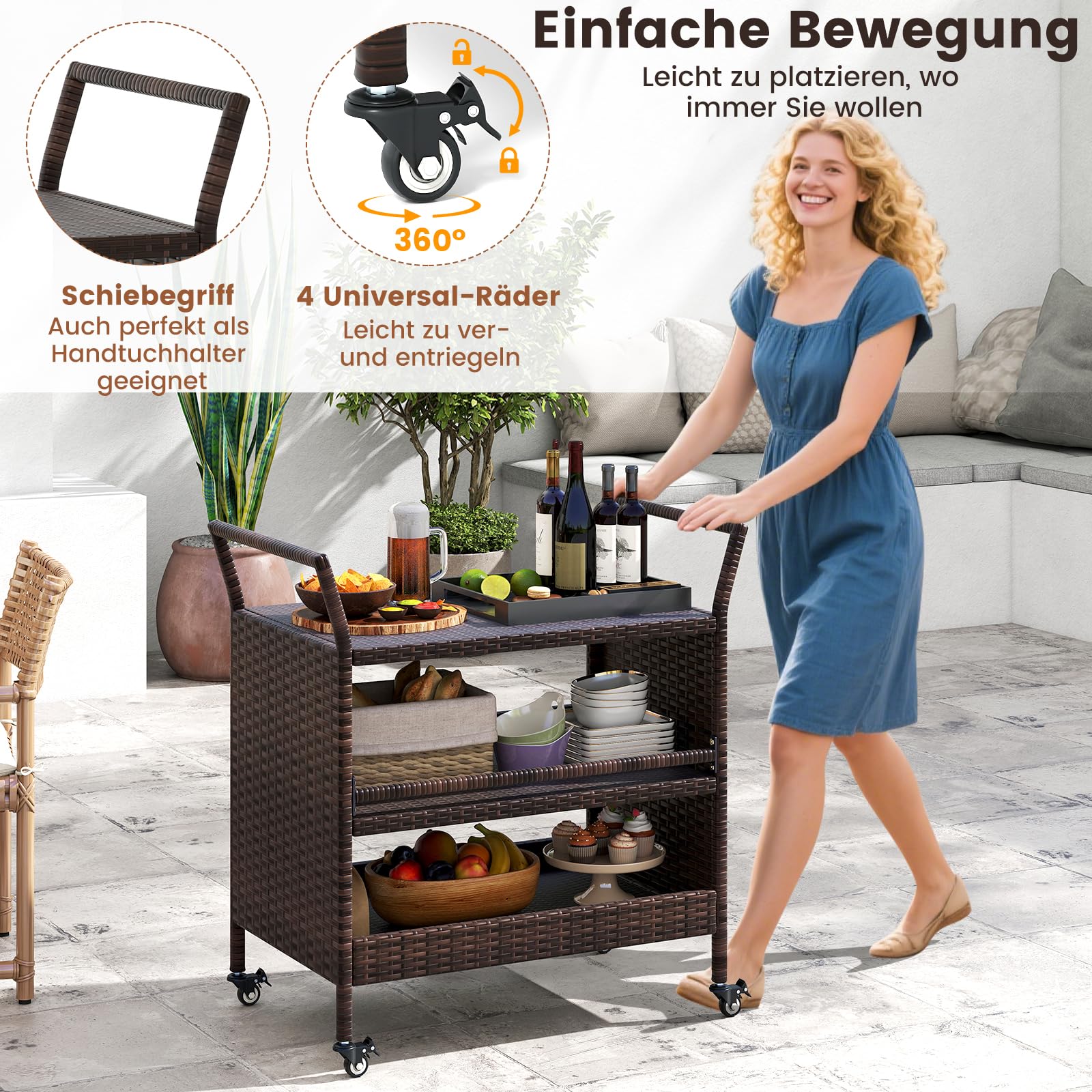 COSTWAY Servierwagen Rattan, Küchenwagen mit 3 Ablagen & Rollen & Seitengriffen, Grillwagen Grilltisch Outdoor für Garten, Pool, Veranda, 86 x 50 x 89 cm