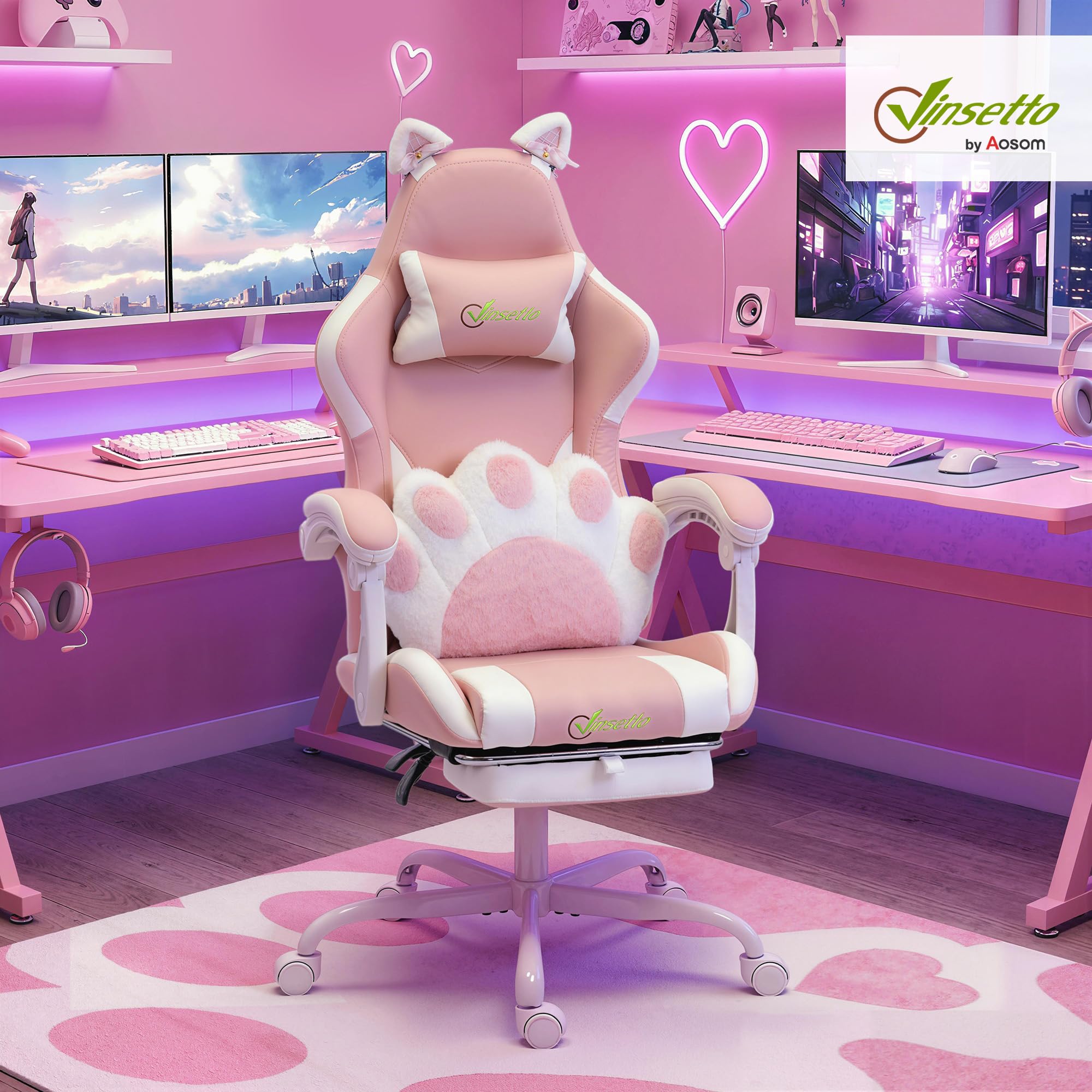 Vinsetto Sedia Gaming Ergonomica con Orecchie da Gatto, Poltrona Gaming Ufficio Reclinabile in Finta Pelle con Poggiapiedi, Poggiatesta e Altezza Regolabile, Supporto Lombare e Cervicale, Rosa