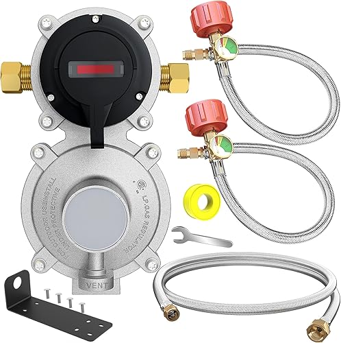 Miniatura 8 de Regulador de gas propano LP de cambio automático de 2 etapas para RV con dos mangueras trenzadas de acero inoxidable de propano de 18 pulgadas con