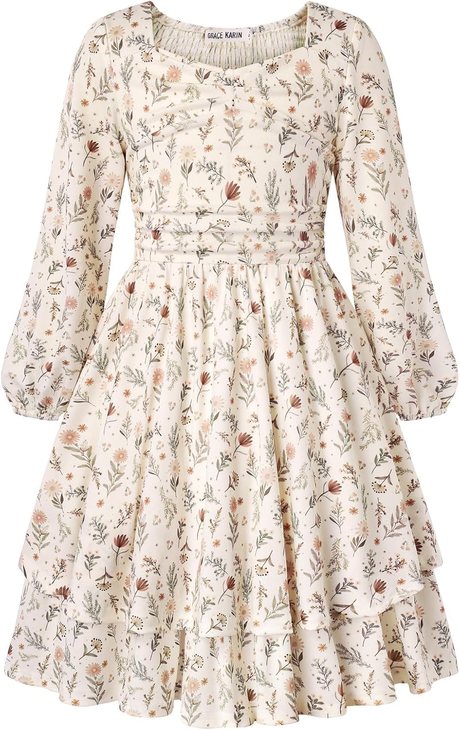 GRACE KARIN Girls Fall Long Sleeve Floral Tiered Casual Flowy Dresses 7-14