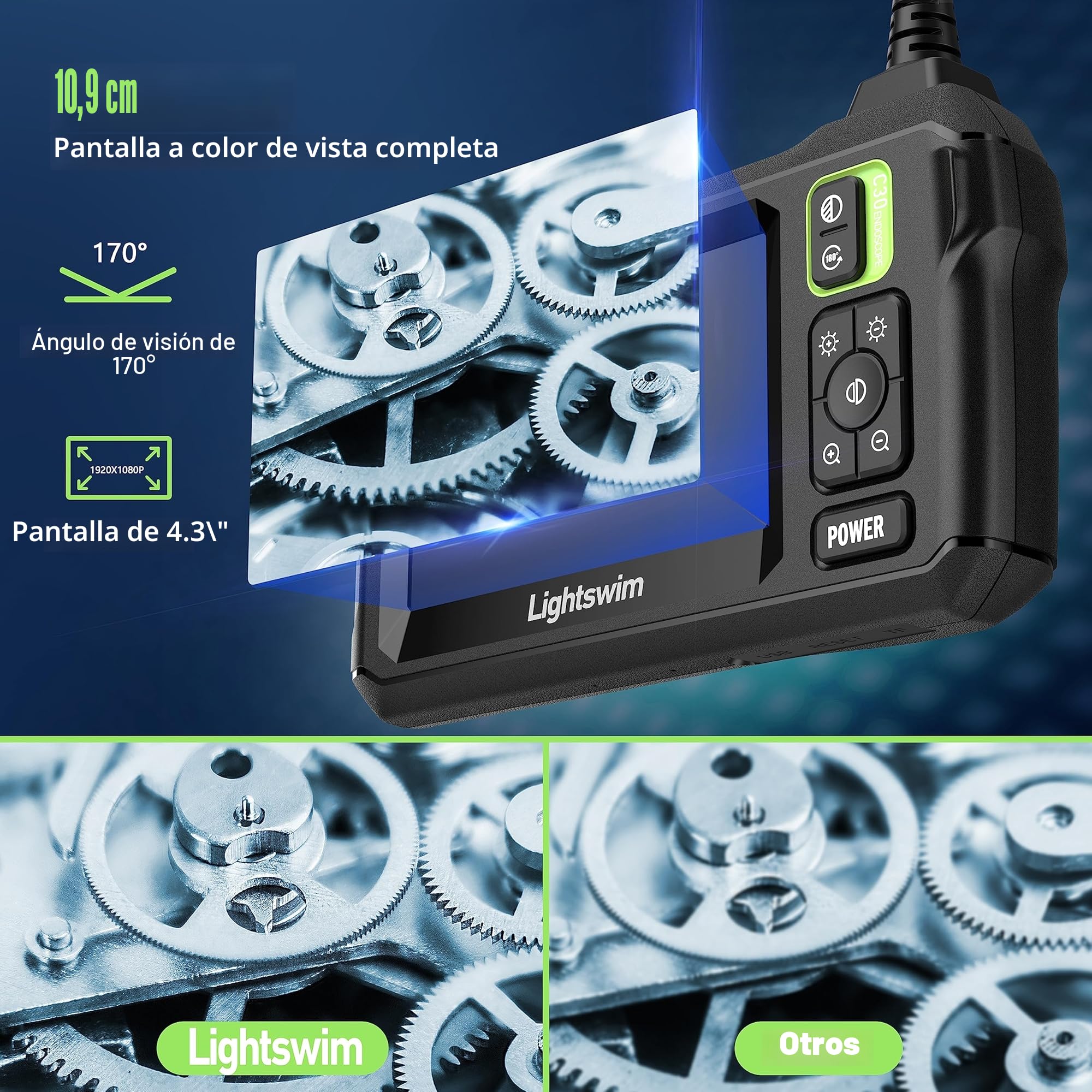 Lightswim Cámara de inspección de endoscopio Industrial, cámara de alcantarillado con boroscopio IPS de 4,3", cámara de Serpiente Impermeable IP67 de Mano con 8 Luces LED, Cable semirrígido de 5 m