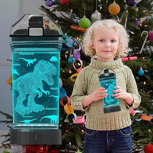 Regalos de botellas de dinosaurio, botellas de agua brillantes de dinosaurio, tazas de viaje nocturnas con luces LED de dinosaurio, Tritan sin BPA,