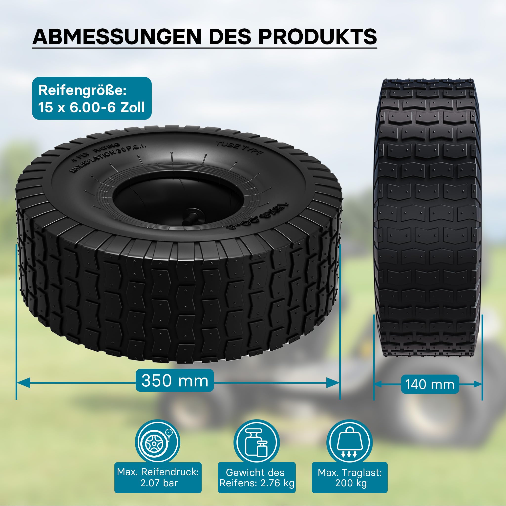 Wiltec Reifen für den Aufsitzmäher 15x6.00-6 4pr mit Schlauch und geradem Ventil Komplettrad Rasentraktor