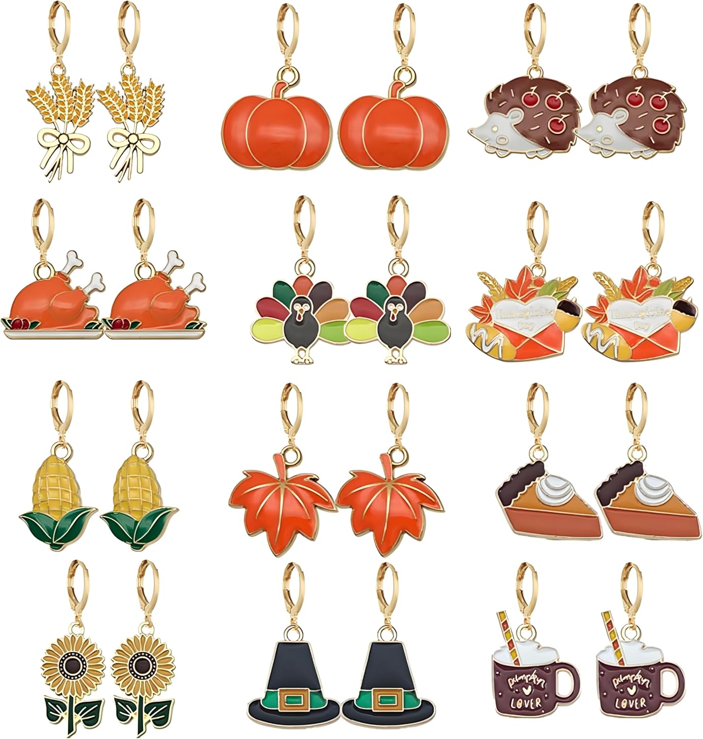coadipress 12 Pairs Thanksgiving Earrings Autumn Fall Earring Set for Women Harvest Maple Leaf Turkey Pumpkin Wooden Thanksgiving Earrings Autumn Holiday Jewelry Gifts