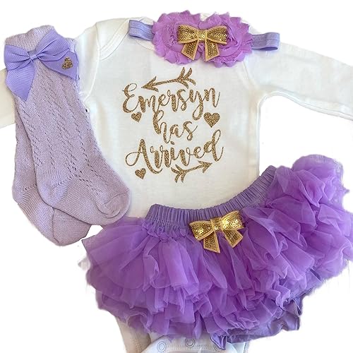 Personalized Baby Girl Outfit Has Arrived Bodysuit with Gold Glitter Design Choose size NB to 24M, Add any Name Optional Tutu Bloomers, Socks, and