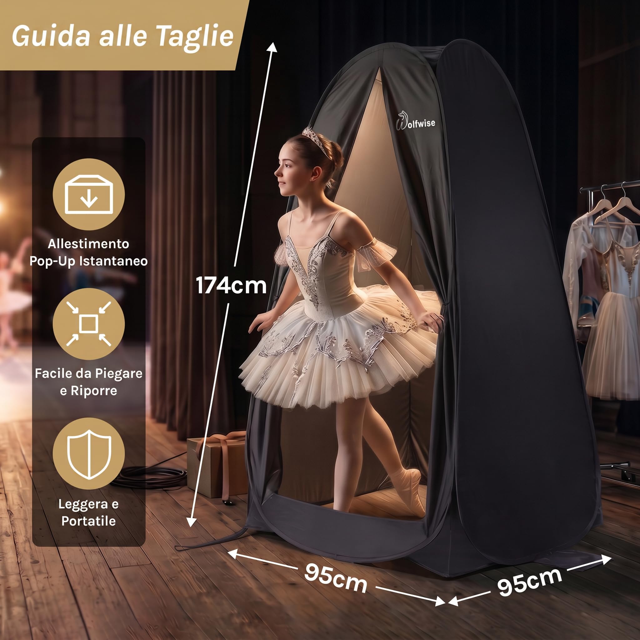 Wolfwise Tenda ad Apertura Istantanea Pop-Up, per Campeggio Spiaggia Bagno Spogliatoio Doccia Riparo Privato, WC, Toilet, Larghezza 39" (98 cm), Altezza 69" (175 cm), Nero