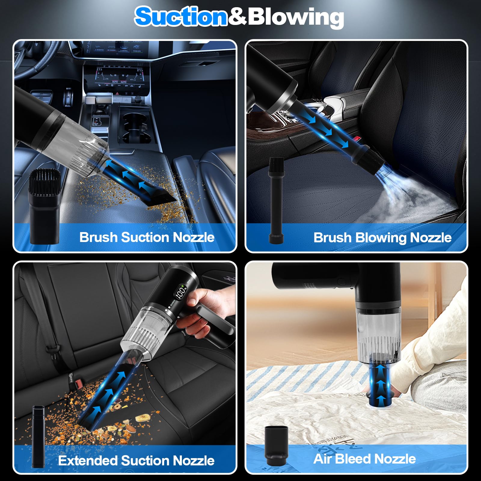 JSUDQR Aspirateur à Main Sans Fil 4 En 1 - 6000Pa Puissant - Rechargeable Portable Voiture Maison