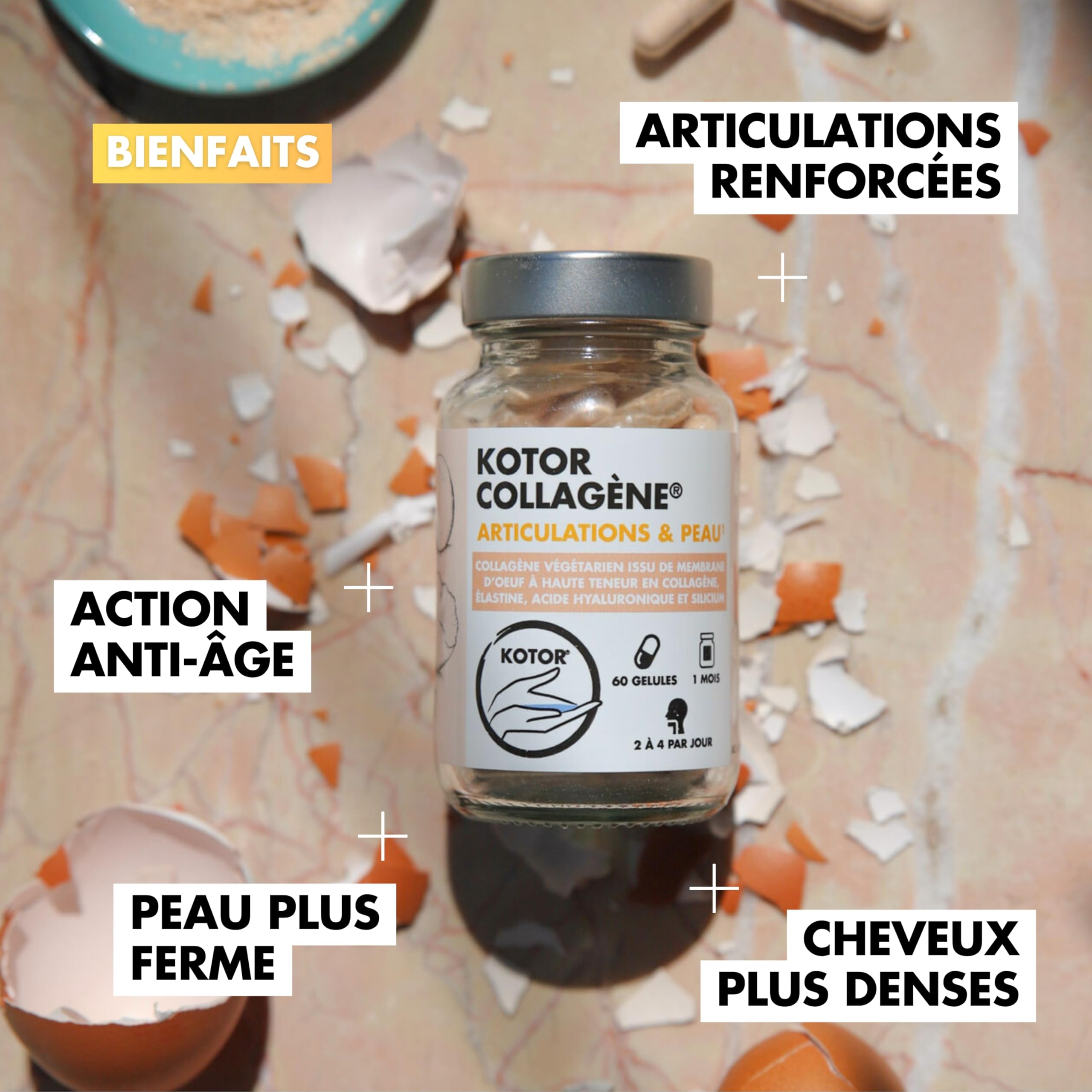 COLLAGÈNE FRANÇAIS & NATUREL Lot de 3 | Membrane d’Œuf riche en Collagène type I, V, X + Acide Hyaluronique, Élastine, Silicium et Vitamine C | Peau, Articulations, Cheveux & Ongles | 3 Mois