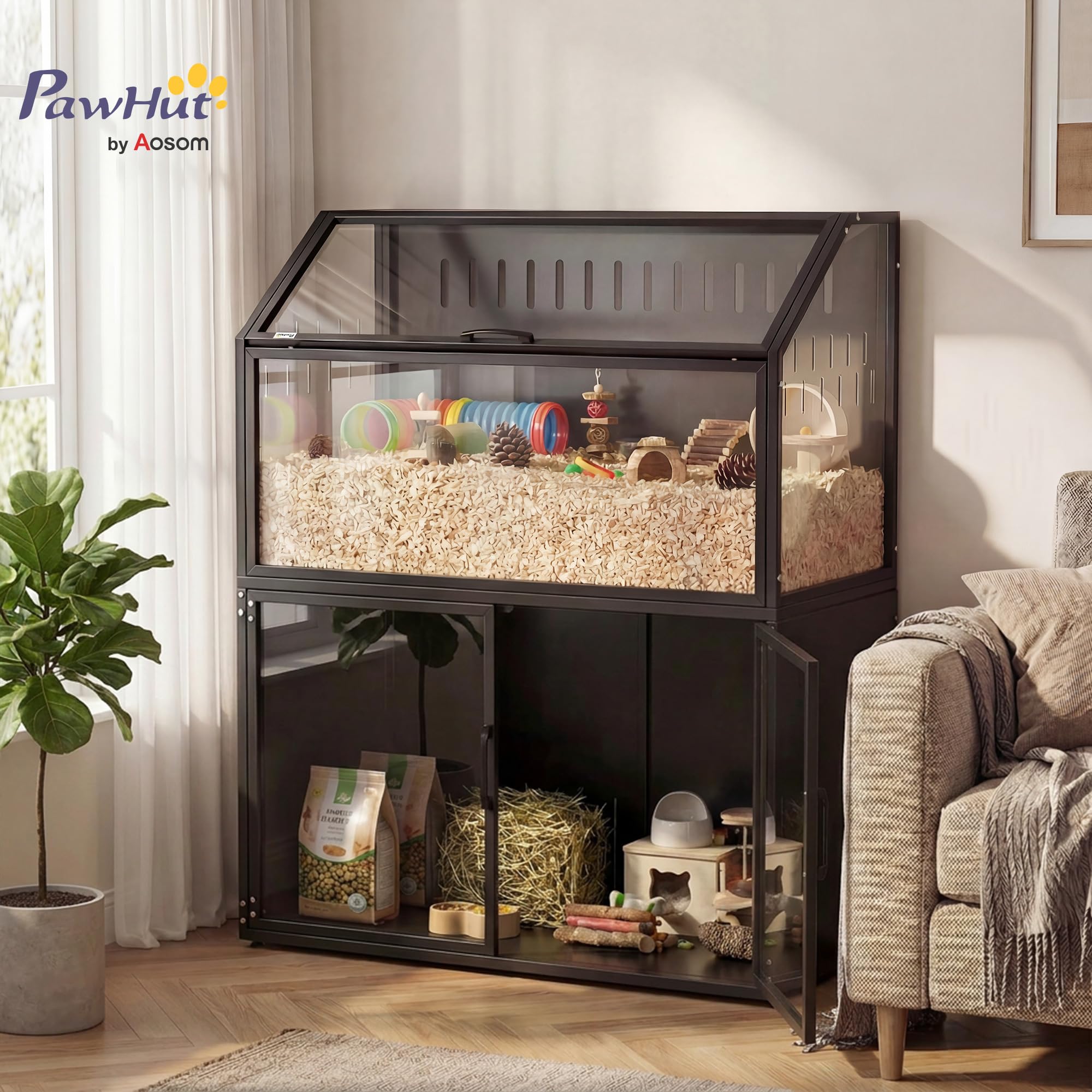 PawHut Hamsterkäfig 2-in-1 mit Aufbewahrungsschrank – Riesen-Lebensraum 104 cm für Nagetiere aus Stahl und transparentem Acryl – großer Käfig Design für syrische Hamster und Mäuse, schwarz