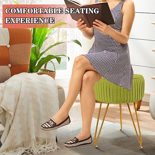 Miniatura 9 de ECOMEX Otomana redonda de terciopelo con patas de metal, reposapiés otomano redondo plisado tapizado, taburete de maquillaje, otomano redondo de