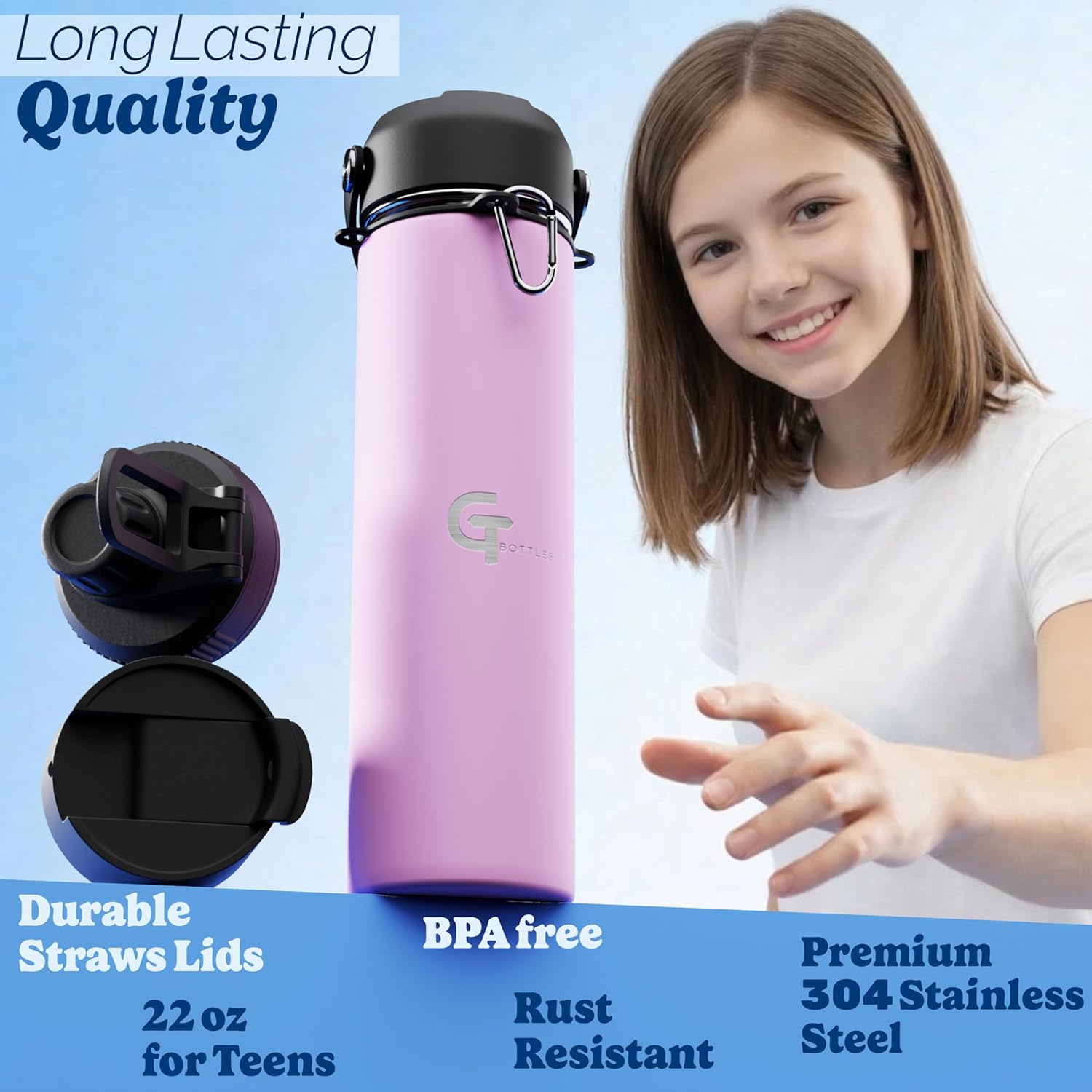 22oz Insulated Stainless Steel Water Bottle with 3 Lids & Paracord Handle – Leakproof Wide Mouth Metal Sports Bottle for Gym, School & Travel (Light Purple, 22oz)