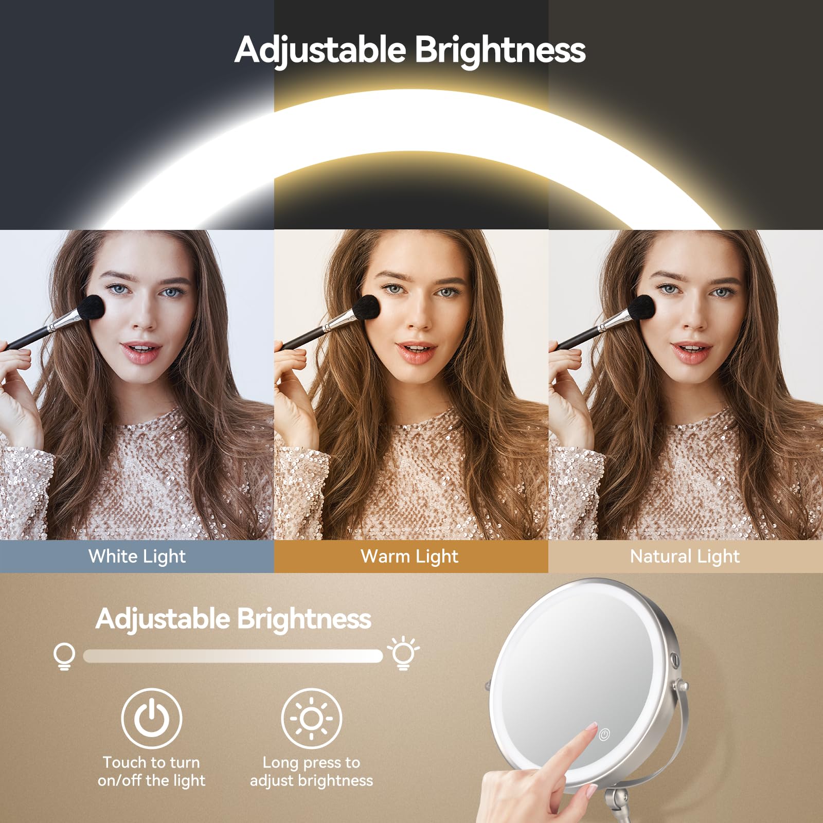 Espejo de aumento con luz, espejo de escritorio ajustable en altura, espejo de maquillaje iluminado de doble cara 1x/10x, espejo de tocador giratorio de 8 pulgadas con soporte de brillo ajustable