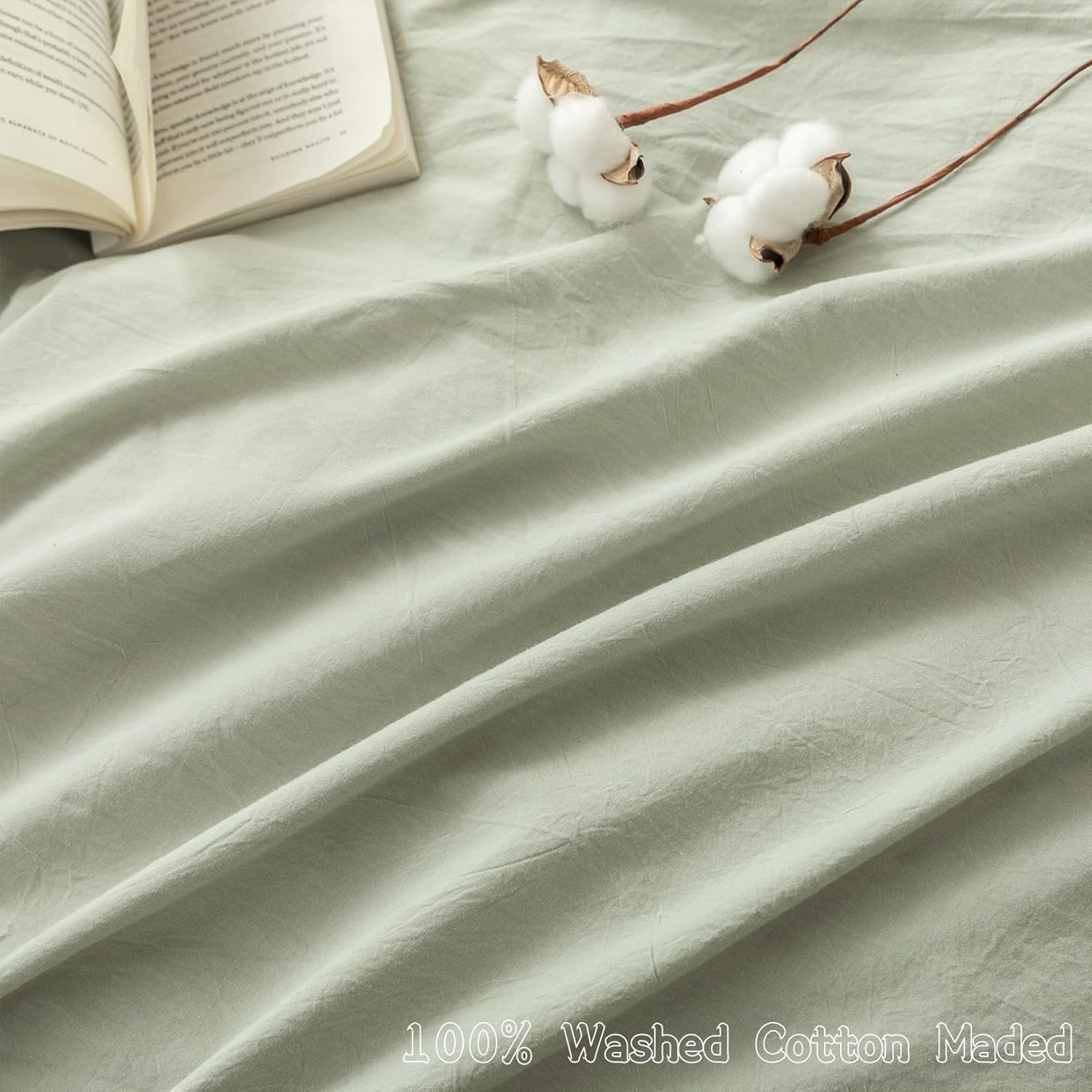 Linen Feel Sage Green Duvet Cover King Size 104'' W x 90'' L, Percale 100% Washed Cotton Duvet Cover with Zipper Closure Plus 2 Pillowcases, Oeko TEX Standard Certificated, Linen Feel and Cozy - Image 6