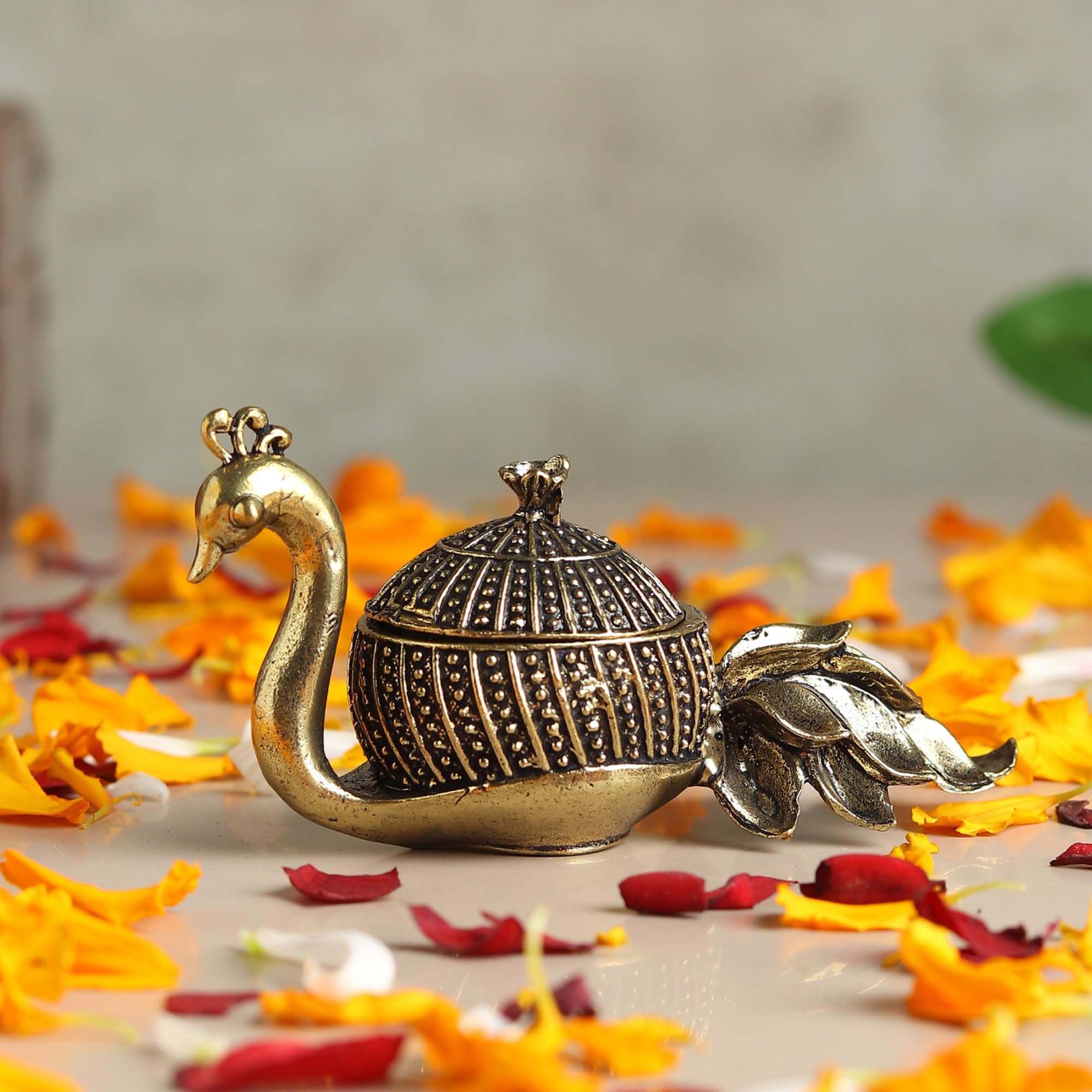Habere India-All the Cultures Fabricating India Handcrafted Brass Peacock Sindoor Box | Decorative Sindoor Dani for Pooja Room, Home Decoration & Festival Gifts (Design01: L9 x W3 x H4 cm)-picture-29