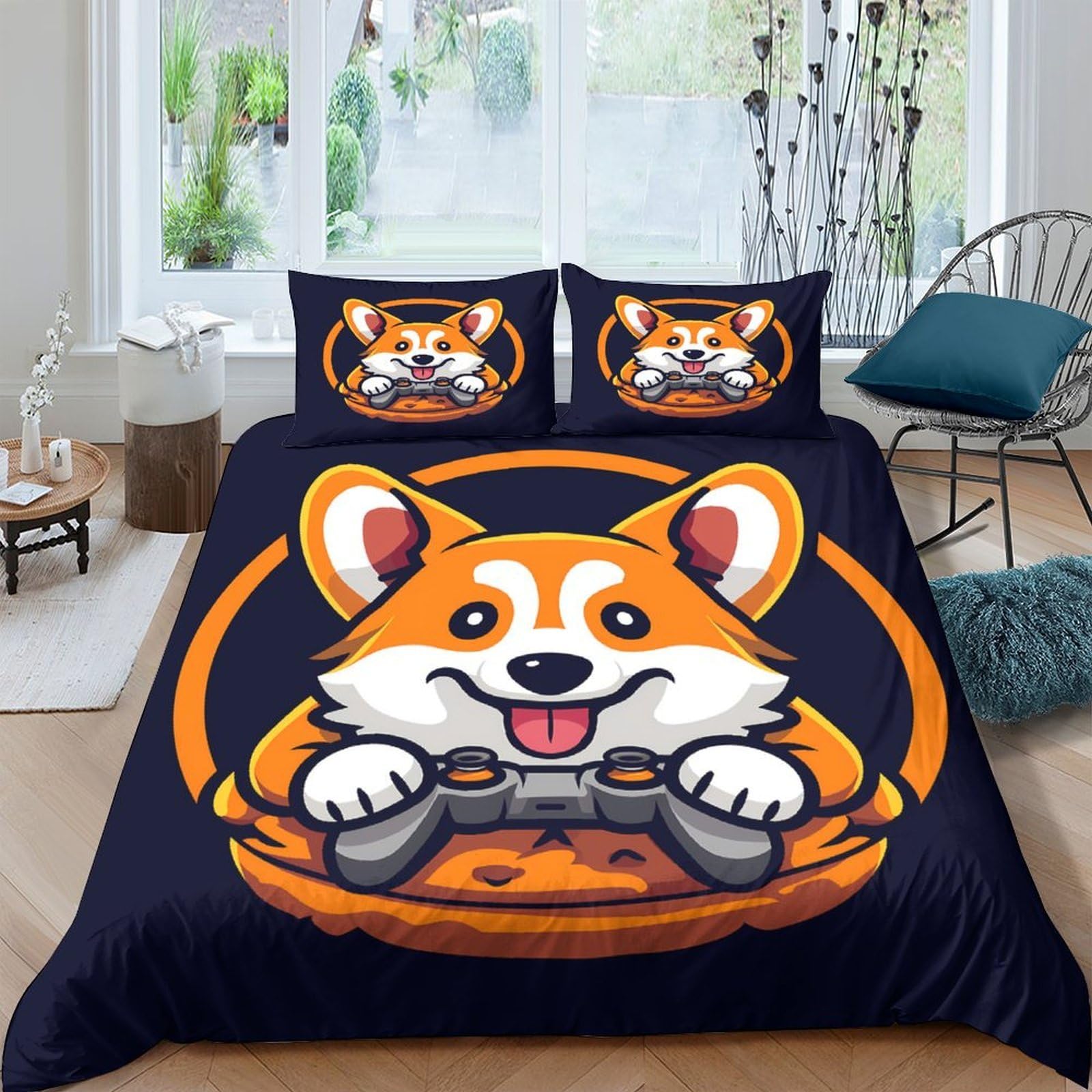 Ctjqhvkz Style-2 3D Printed Corgi Gaming Fitted Sheet Microfiber Soft Navy Orange Cartoon Dog Mattress Cover For Bedroom Decor Single（135X200cm）