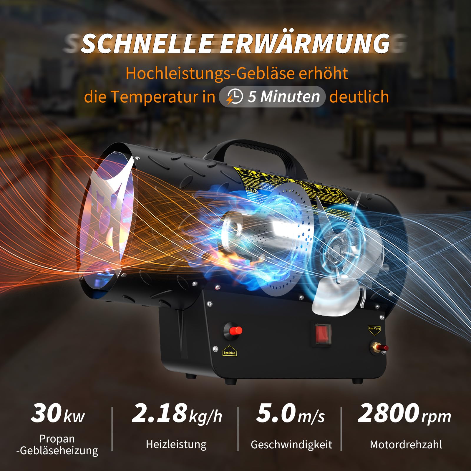 Gasheizung für innenräume,30KW Gas Heizgebläse, Gasheizgerät Gasheizer Gasheizgebläse Propangasheizgebläse 700m³/h Luftdurchsatz, inkl. 1,4m Gasschlauch und 700 mbar