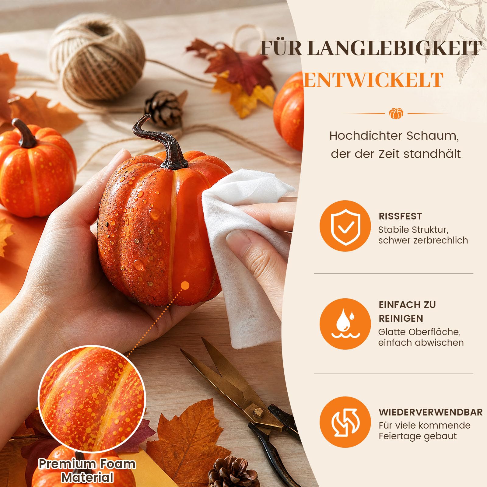 HAKACC Künstliches Kürbissse Set, 8 Verschiedene Gefälschte Kürbisse mit 30 Blatt Künstlichen Ahornblättern für Thanksgiving-Halloween-Party-Dekoration