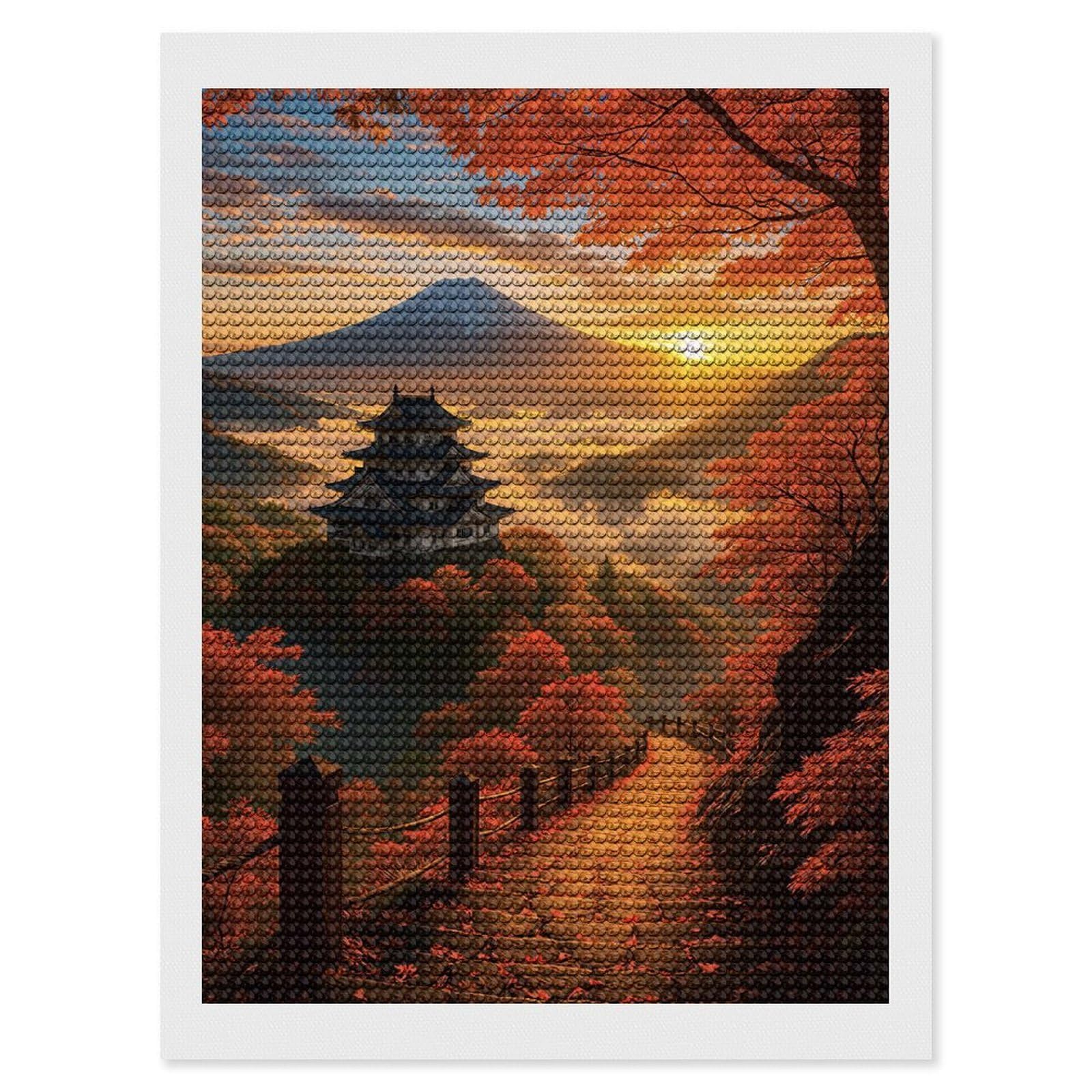 Junmoney Mount Fuji and Japanese Castle at Sunset DIY Diamond Art Canvas Kit 12"x16", Complete Accessories, Creative Leisure Activity, Home Wall Decor, Gift Idea