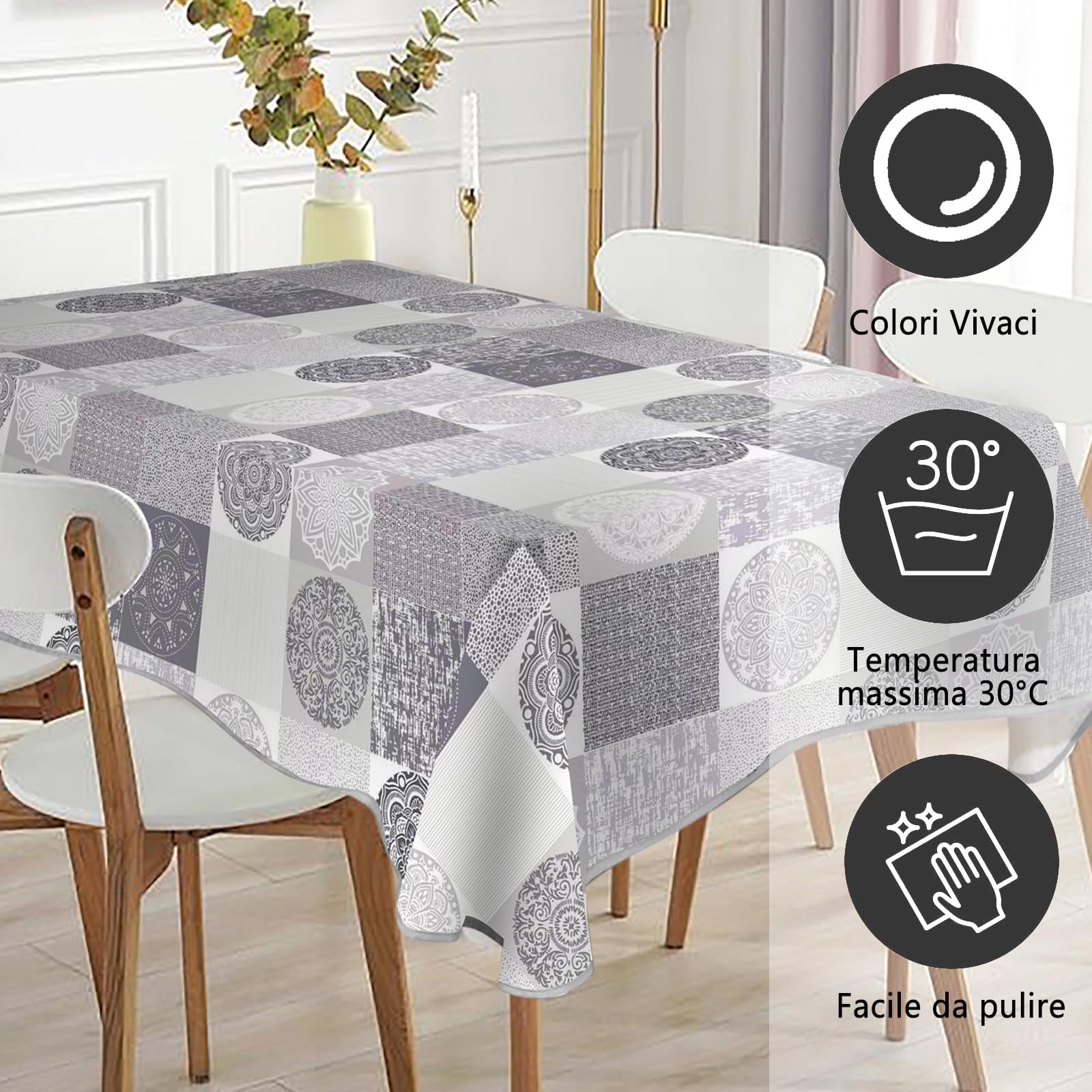Tovaglia rettangolare stampata impermeabile, stampa ad alta definizione, elegante e resistente，Omaggio 2 Pezzi Pinze Ferma Tovaglia (140_x_240_cm, Quadrato Grigio)