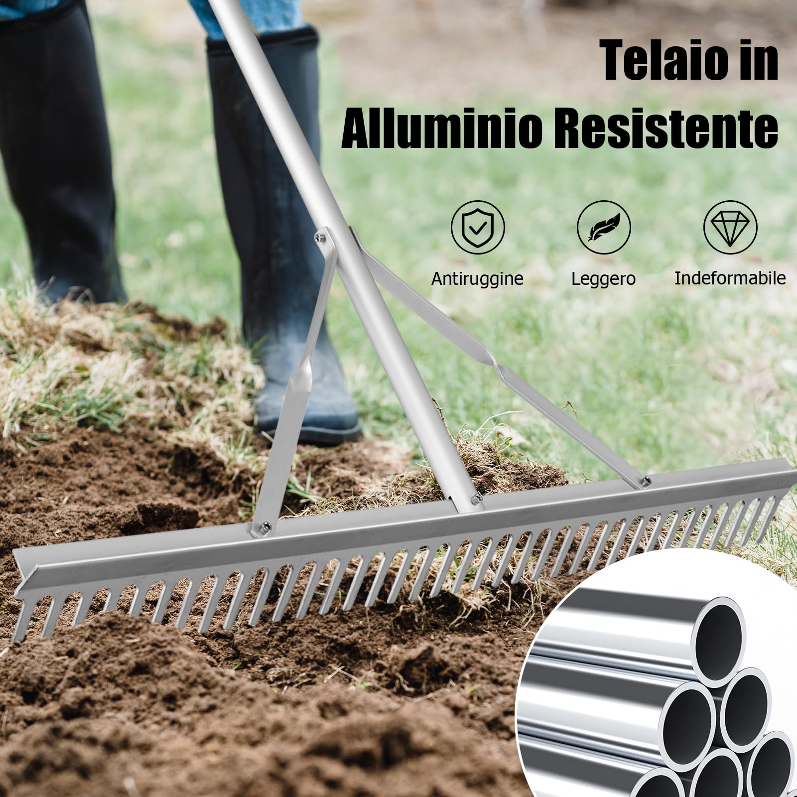 GYMAX Rastrello da Giardino, Scopa in Alluminio con 36 Denti, Testa da 91 cm e Manico da 174 cm, Strumento a Doppia Faccia per Allentare e Livellare il Terreno, Adatto a Prato, Cortil, Argento