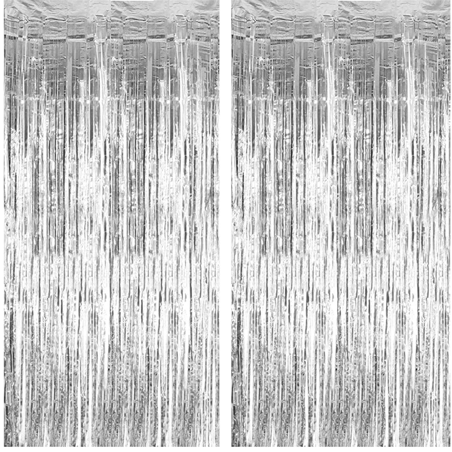 Home Genie Foil Curtains for Birthday Decoration | Fringe Foil Curtain for Anniversary, Marriage, Bachelorette, Bridal Shower, Holiday Celebration Party, Graduation, Retirement Party – 2 Set – Silver