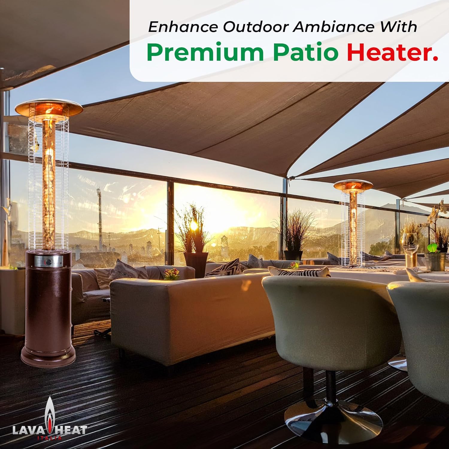 Lava Heat Italia Fire Fountain Heater Commercial Propane Patio Heaters 6.04 ft Performance Series Patio With Wheels 40,000 BTU Metal Fireplace with Electronic Ignition