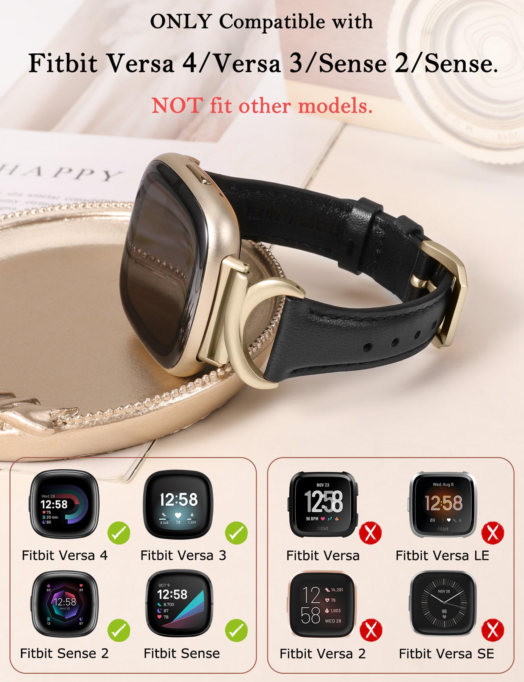 TOYOUTHS Leather Strap Compatible with Fitbit Versa 4/Versa 3/Sense 2 Women Slim Thin Dressy Premium Leather Strap with C-Shaped Metal Buckle for Versa 4 - Image 2