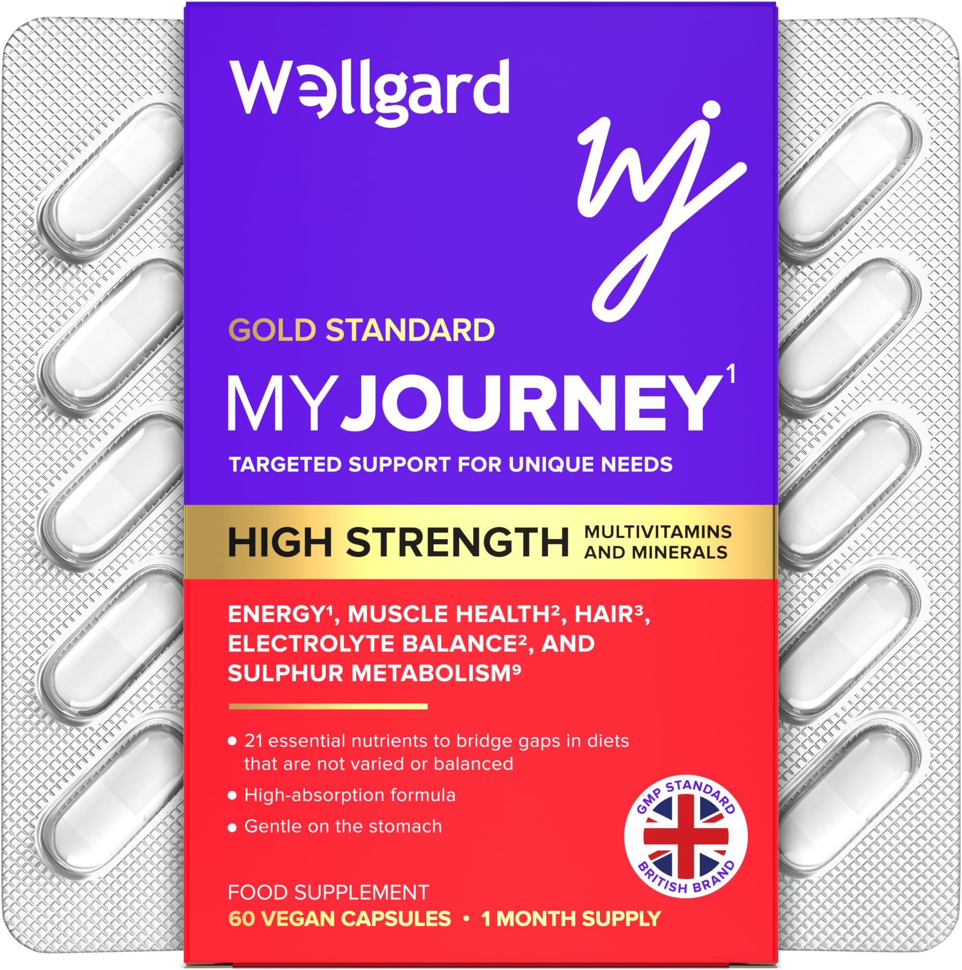 Wellgard My Journey โ MJ Multivitamin for Energy, Muscles, Hair, Electrolyte Balance and Sulphur Metabolism, 60 Capsules