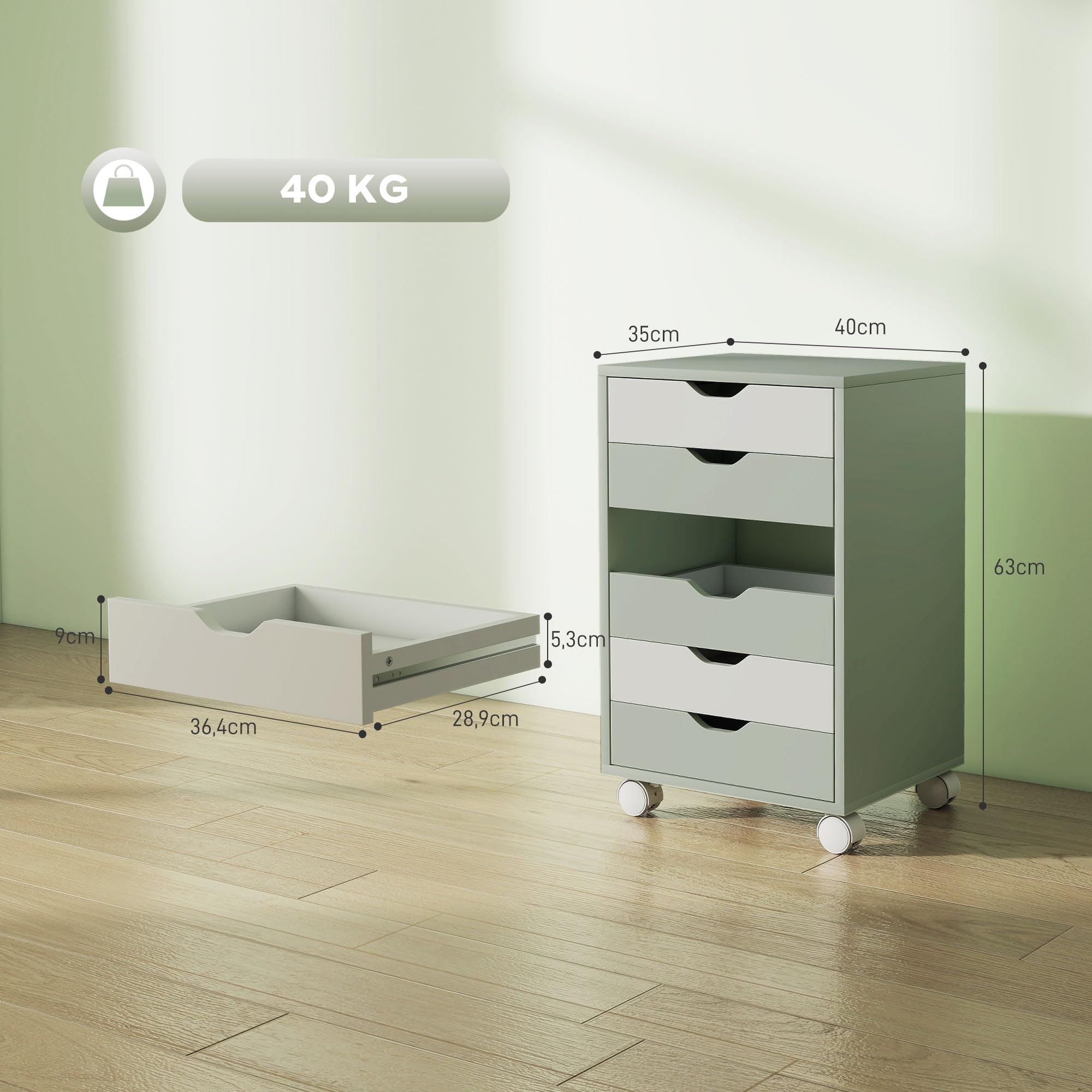 HOMCOM Schreibtisch-Aktenschrank mobil 6 Schubladen Grün & Weiß