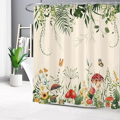 Miniatura 5 de LB Juego de cortina de ducha con diseño de hongos rojos, diseño floral de mariposa, verde salvia, hojas de eucalipto beige, cortinas de ducha para