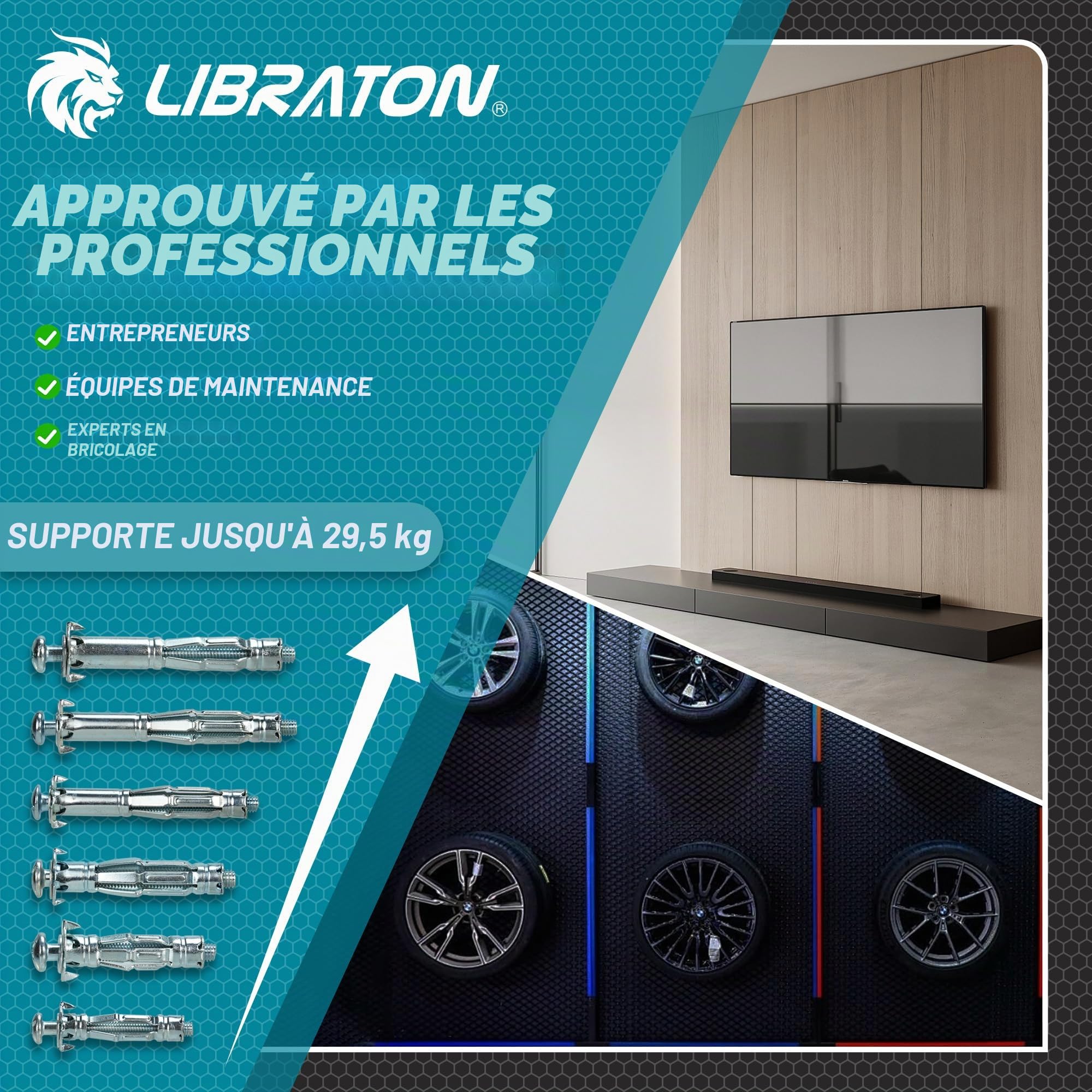 LIBRATON Kit de 30 Chevilles Molly Métalliques avec Pince, 6 Tailles Métalliques pour Placo/Plâtre (3-38mm), Ancrage Creux Charge Lourde 65 lbs, Pour TV, Étagère, Miroir