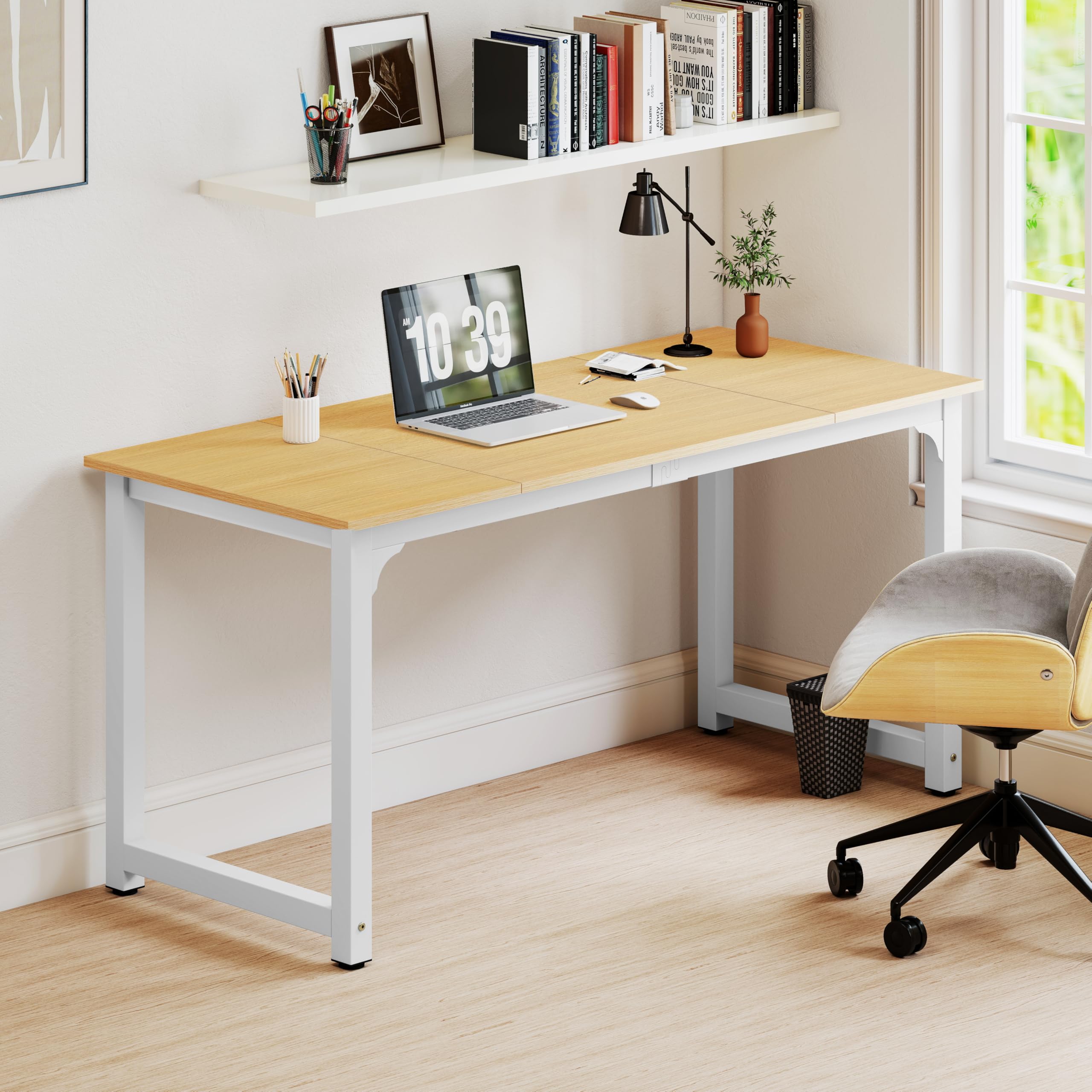 nsdirect modern computer desk 63 inch large office desk, writing study table for home office desk workstation wide metal sturdy frame thicker steel legs, white