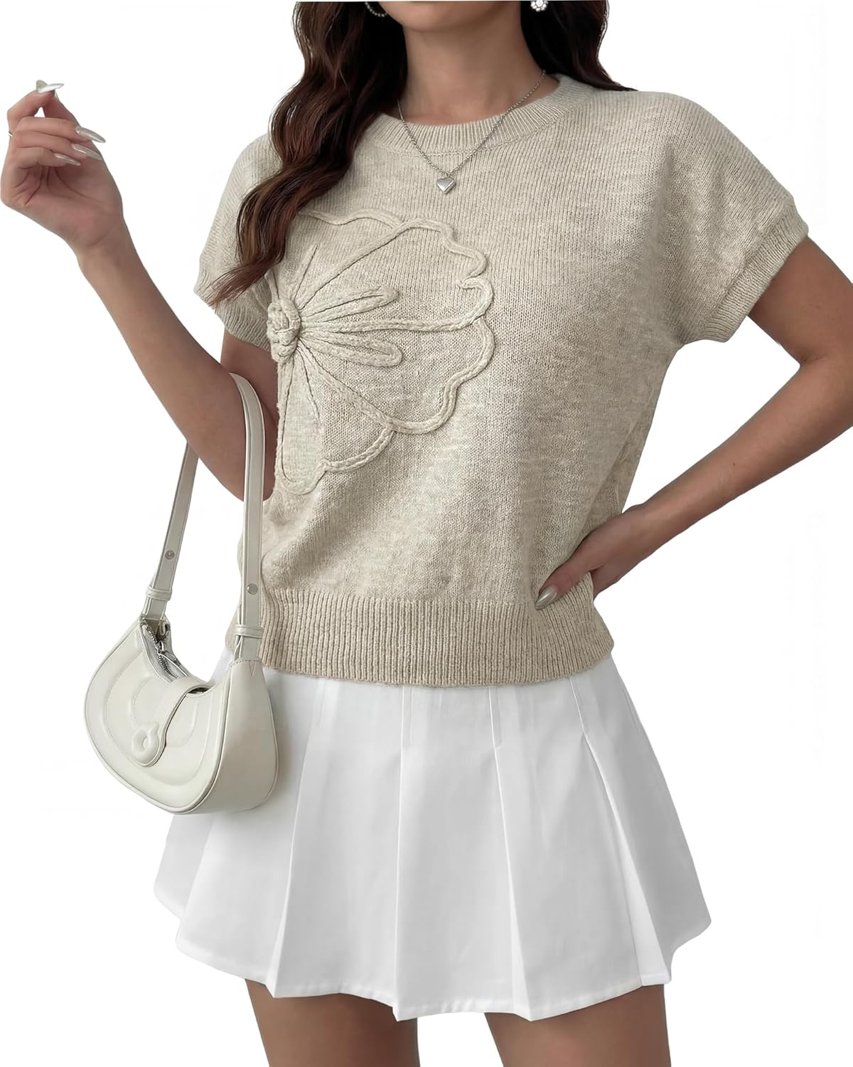 Cuffbow Women Knit Sweater Short Sleeve Ribbed Vest Loose Fit Crew Neck Knit Shirt Floral Pullover Casual Cap Sleeve Top