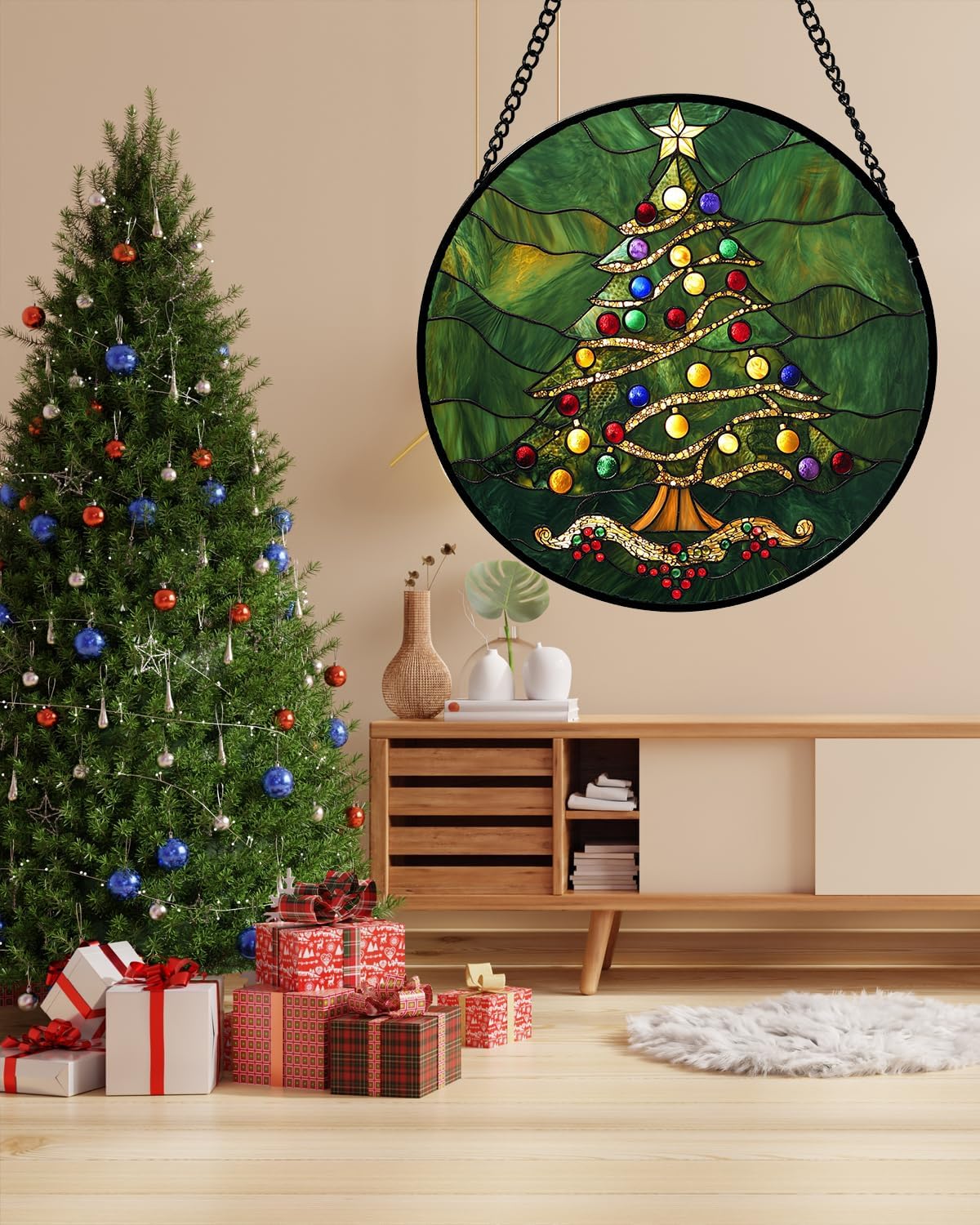 Stained Glass Window Hanging - Green Christmas Tree with Colorful Lights Suncatcher for Doors Home Christmas Decoration Sun Catcher Thanksgiving New Year Birthday Gifts for Women Men Mom Nana 7.8 in
