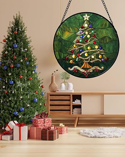 Miniatura 2 de Atrapasoles de Vidrio Manchado para Colgar en Ventana - Árbol de Navidad Verde con Luces Coloridas para Puertas, Decoración Navideña para el Hogar,