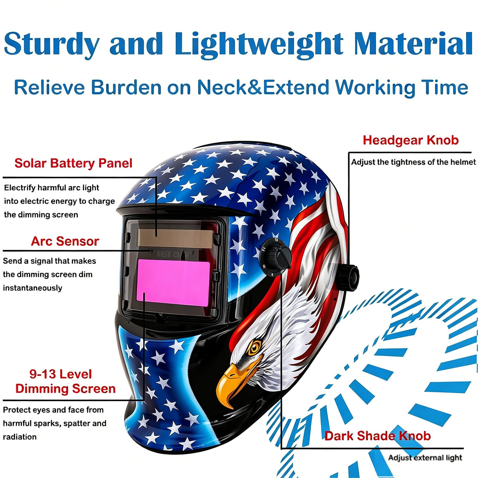 Casco de soldadura con oscurecimiento automático: BESTCLUB con capucha solar de color real con rango de sombra ajustable 4/9-13 para máscara de soldador de arco Mig Tig