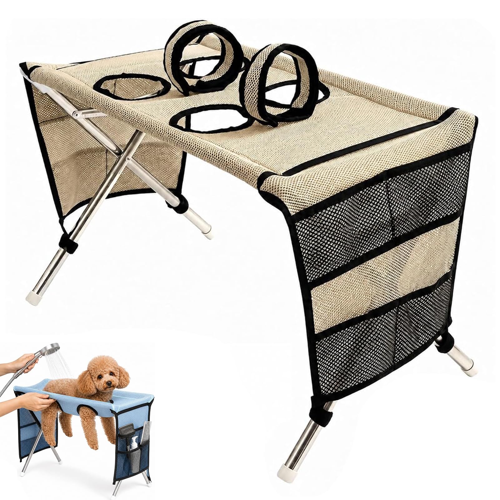 CHENRI 2-in-1 Foldable Pet Grooming Bed – Breathable Mesh Cat & Dog Bathing Station with Storage Pockets, Pet Grooming Hammock with Stand, Home Pet Hammock for Cats and Small Dogs Grooming，B-Khaki