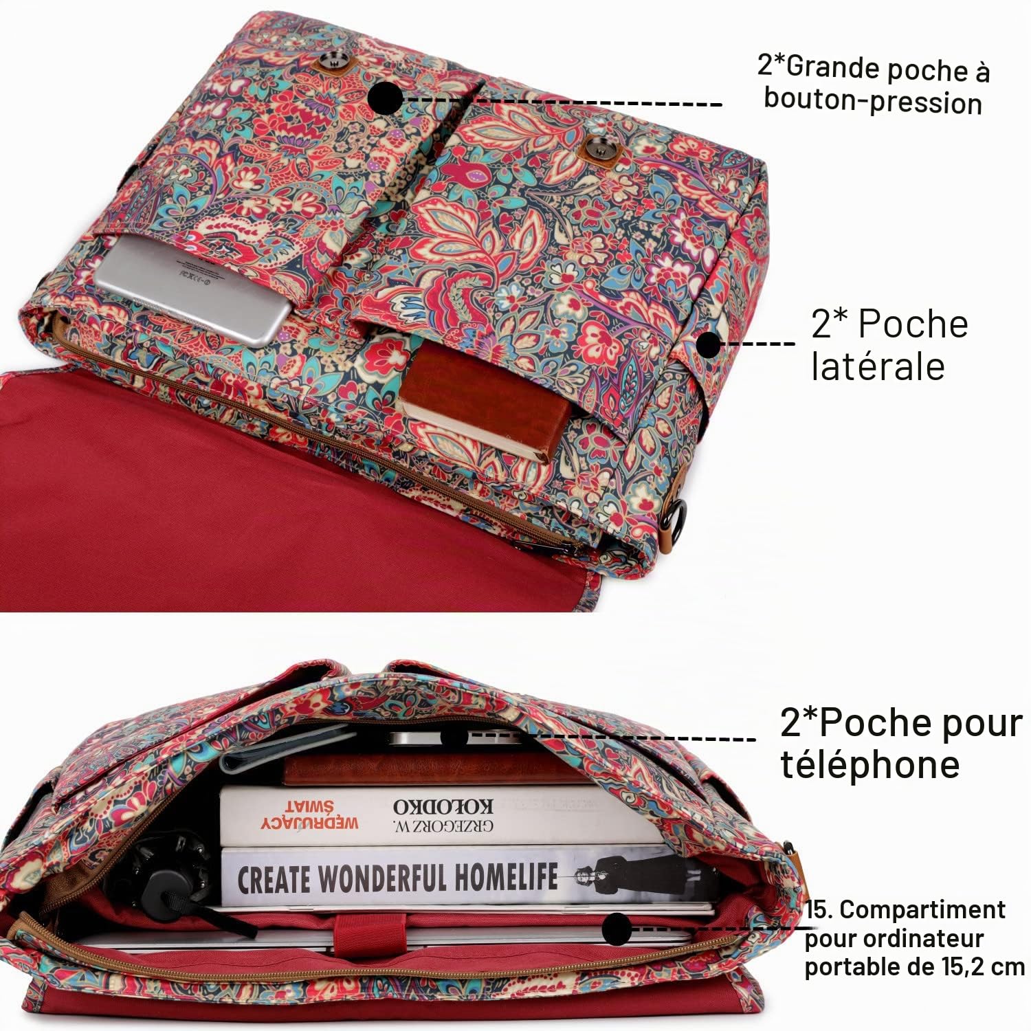 BAOSHA YL-01 Sac à bandoulière pour femme avec impression pour ordinateur portable 15,6"