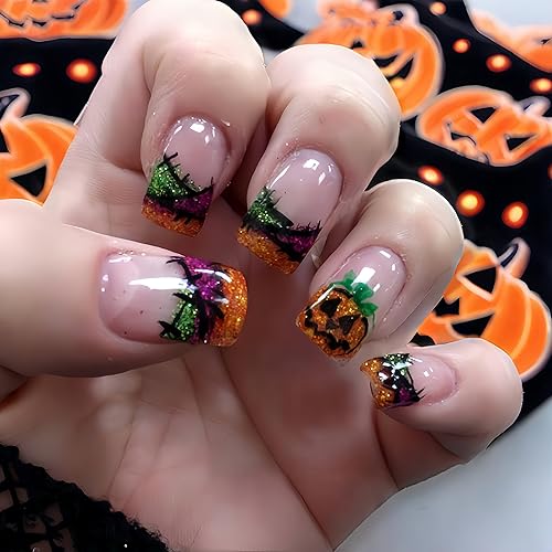 24Pcs Orange Glitter Halloween Press on Nails Short Square Cute