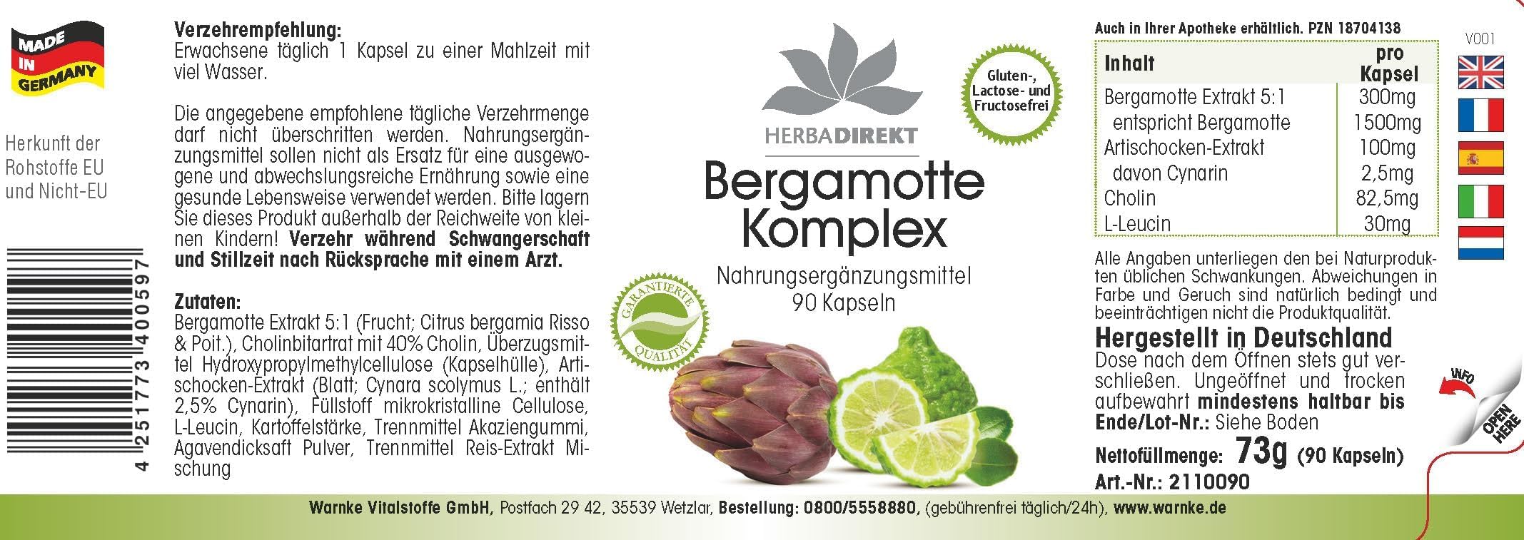 Complexe de Bergamote - 90 gélules avec artichaut et choline - fortement dosé - végan | Herba Direkt - Qualité des pharmacies allemandes